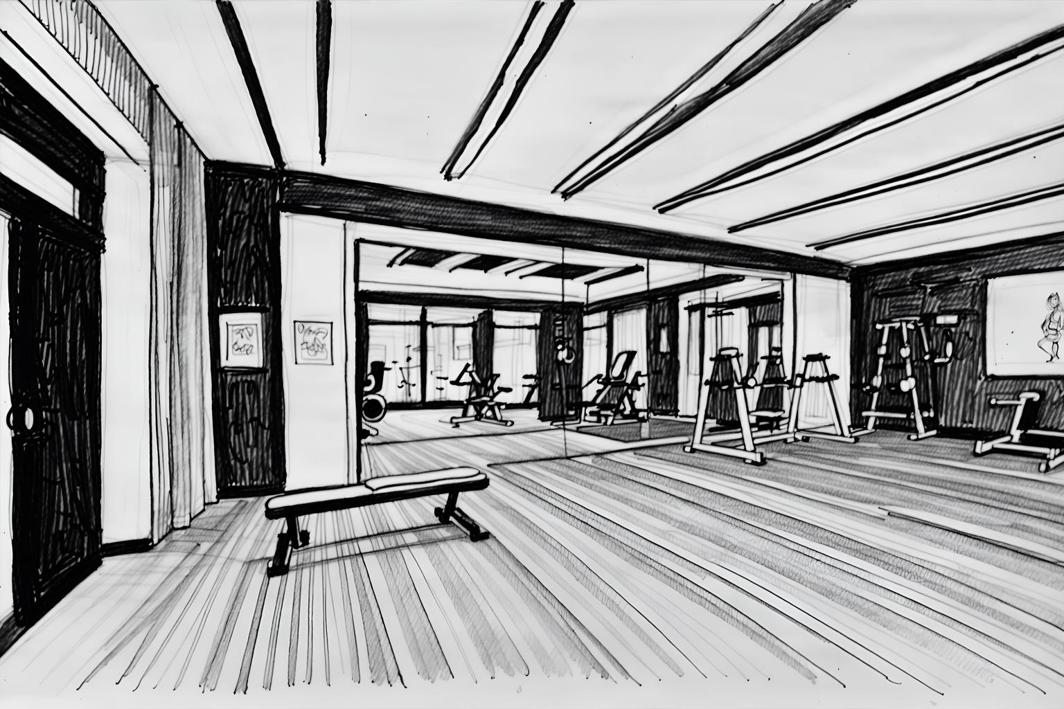 (hand-drawn monochrome black and white sketch line drawing)++ of sketch-style (fitness gym) apartment interior. a sketch of interior. with . . a sketch of interior. with bench press and dumbbell stand and crosstrainer. trending on artstation. black and white line drawing sketch without colors. masterpiece, cinematic light, ultrarealistic+, photorealistic+, 8k, raw photo, realistic, sharp focus on eyes, (symmetrical eyes), (intact eyes), hyperrealistic, highest quality, best quality, , highly detailed, masterpiece, best quality, extremely detailed 8k wallpaper, masterpiece, best quality, ultra-detailed, best shadow, detailed background, detailed face, detailed eyes, high contrast, best illumination, detailed face, dulux, caustic, dynamic angle, detailed glow. dramatic lighting. highly detailed, insanely detailed hair, symmetrical, intricate details, professionally retouched, 8k high definition. strong bokeh. award winning photo.