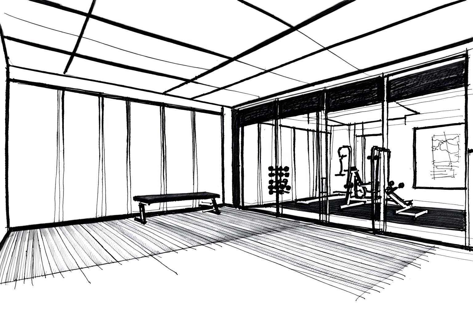 (hand-drawn monochrome black and white sketch line drawing)++ of sketch-style (fitness gym) apartment interior. a sketch of interior. with . . a sketch of interior. with bench press and dumbbell stand and crosstrainer. trending on artstation. black and white line drawing sketch without colors. masterpiece, cinematic light, ultrarealistic+, photorealistic+, 8k, raw photo, realistic, sharp focus on eyes, (symmetrical eyes), (intact eyes), hyperrealistic, highest quality, best quality, , highly detailed, masterpiece, best quality, extremely detailed 8k wallpaper, masterpiece, best quality, ultra-detailed, best shadow, detailed background, detailed face, detailed eyes, high contrast, best illumination, detailed face, dulux, caustic, dynamic angle, detailed glow. dramatic lighting. highly detailed, insanely detailed hair, symmetrical, intricate details, professionally retouched, 8k high definition. strong bokeh. award winning photo.