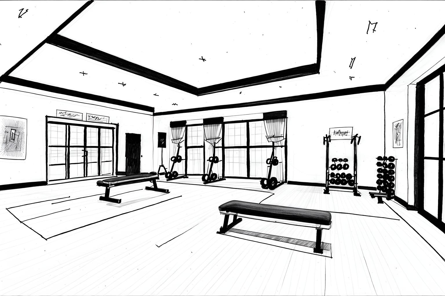 (hand-drawn monochrome black and white sketch line drawing)++ of sketch-style (fitness gym) apartment interior. a sketch of interior. with . . a sketch of interior. with bench press and dumbbell stand and crosstrainer. trending on artstation. black and white line drawing sketch without colors. masterpiece, cinematic light, ultrarealistic+, photorealistic+, 8k, raw photo, realistic, sharp focus on eyes, (symmetrical eyes), (intact eyes), hyperrealistic, highest quality, best quality, , highly detailed, masterpiece, best quality, extremely detailed 8k wallpaper, masterpiece, best quality, ultra-detailed, best shadow, detailed background, detailed face, detailed eyes, high contrast, best illumination, detailed face, dulux, caustic, dynamic angle, detailed glow. dramatic lighting. highly detailed, insanely detailed hair, symmetrical, intricate details, professionally retouched, 8k high definition. strong bokeh. award winning photo.