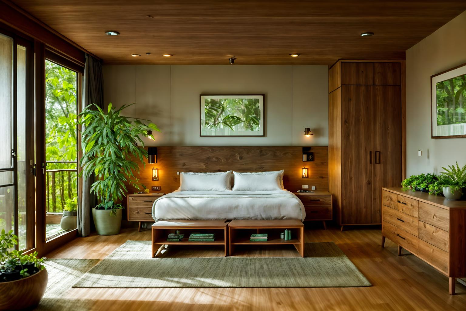 biophilic-style (hotel room interior) with night light and headboard and plant and hotel bathroom and dresser closet and bedside table or night stand and storage bench or ottoman and bed. . with wood materials and natural environment and natural elements and plants and fresh air and sunlight and calming style and features of the natural world. . cinematic photo, highly detailed, cinematic lighting, ultra-detailed, ultrarealistic, photorealism, 8k. biophilic interior design style. masterpiece, cinematic light, ultrarealistic+, photorealistic+, 8k, raw photo, realistic, sharp focus on eyes, (symmetrical eyes), (intact eyes), hyperrealistic, highest quality, best quality, , highly detailed, masterpiece, best quality, extremely detailed 8k wallpaper, masterpiece, best quality, ultra-detailed, best shadow, detailed background, detailed face, detailed eyes, high contrast, best illumination, detailed face, dulux, caustic, dynamic angle, detailed glow. dramatic lighting. highly detailed, insanely detailed hair, symmetrical, intricate details, professionally retouched, 8k high definition. strong bokeh. award winning photo.