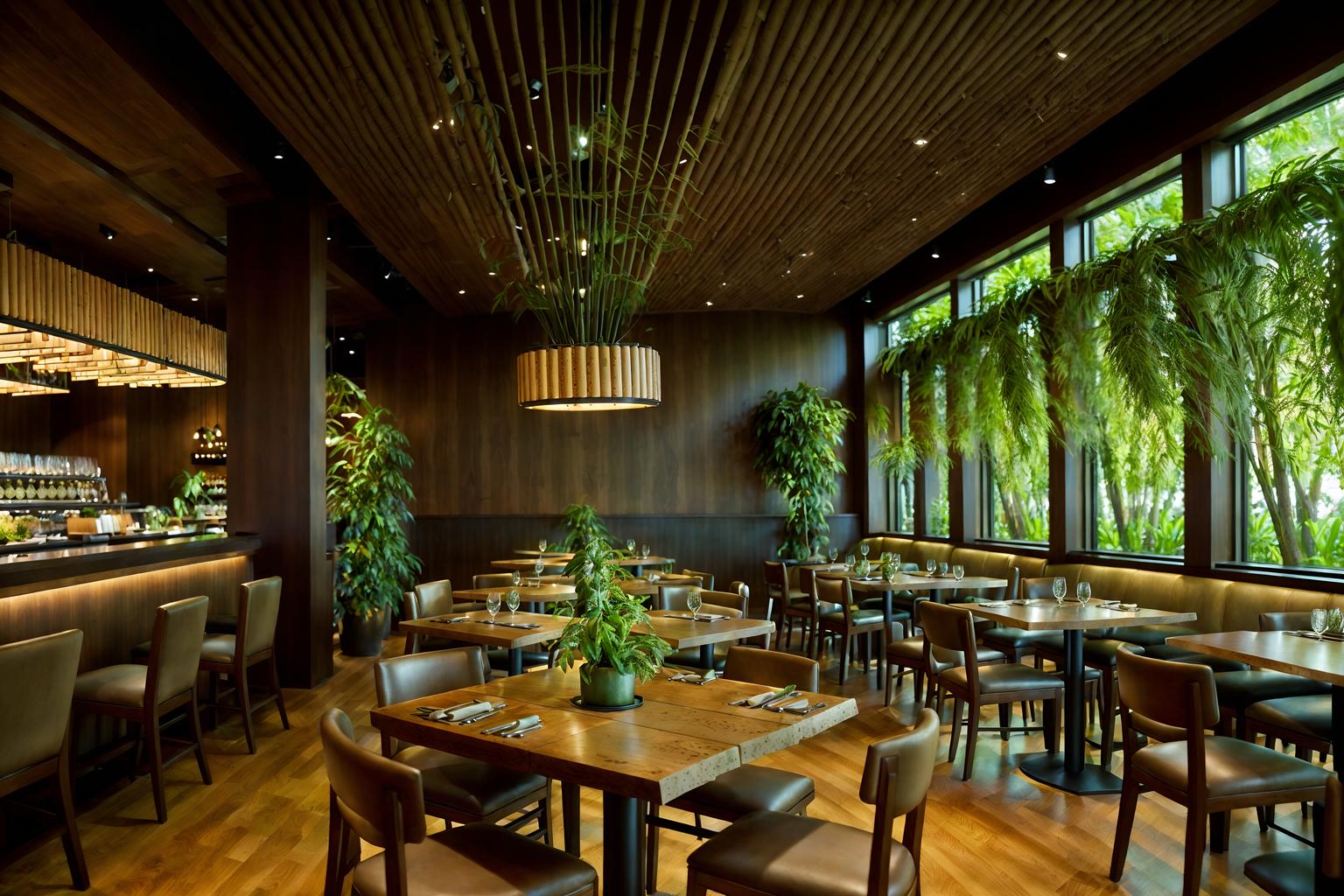 biophilic-style (restaurant interior) with restaurant dining tables and restaurant chairs and restaurant decor and restaurant bar and restaurant dining tables. . with environmental features and plants and images of nature and features of nature and sunlight and calming style and cork materials and earthy colors. . cinematic photo, highly detailed, cinematic lighting, ultra-detailed, ultrarealistic, photorealism, 8k. biophilic interior design style. masterpiece, cinematic light, ultrarealistic+, photorealistic+, 8k, raw photo, realistic, sharp focus on eyes, (symmetrical eyes), (intact eyes), hyperrealistic, highest quality, best quality, , highly detailed, masterpiece, best quality, extremely detailed 8k wallpaper, masterpiece, best quality, ultra-detailed, best shadow, detailed background, detailed face, detailed eyes, high contrast, best illumination, detailed face, dulux, caustic, dynamic angle, detailed glow. dramatic lighting. highly detailed, insanely detailed hair, symmetrical, intricate details, professionally retouched, 8k high definition. strong bokeh. award winning photo.