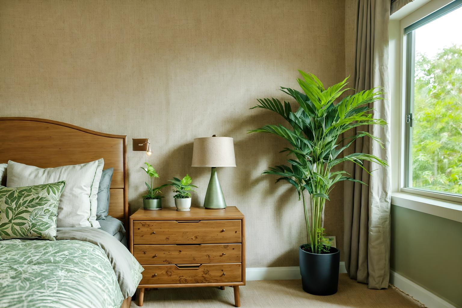 biophilic-style (bedroom interior) with plant and accent chair and night light and bedside table or night stand and dresser closet and storage bench or ottoman and mirror and headboard. . with calming style and features of the natural world and sunlight and plants and linen materials and cork materials and natural elements and ceramic materials. . cinematic photo, highly detailed, cinematic lighting, ultra-detailed, ultrarealistic, photorealism, 8k. biophilic interior design style. masterpiece, cinematic light, ultrarealistic+, photorealistic+, 8k, raw photo, realistic, sharp focus on eyes, (symmetrical eyes), (intact eyes), hyperrealistic, highest quality, best quality, , highly detailed, masterpiece, best quality, extremely detailed 8k wallpaper, masterpiece, best quality, ultra-detailed, best shadow, detailed background, detailed face, detailed eyes, high contrast, best illumination, detailed face, dulux, caustic, dynamic angle, detailed glow. dramatic lighting. highly detailed, insanely detailed hair, symmetrical, intricate details, professionally retouched, 8k high definition. strong bokeh. award winning photo.