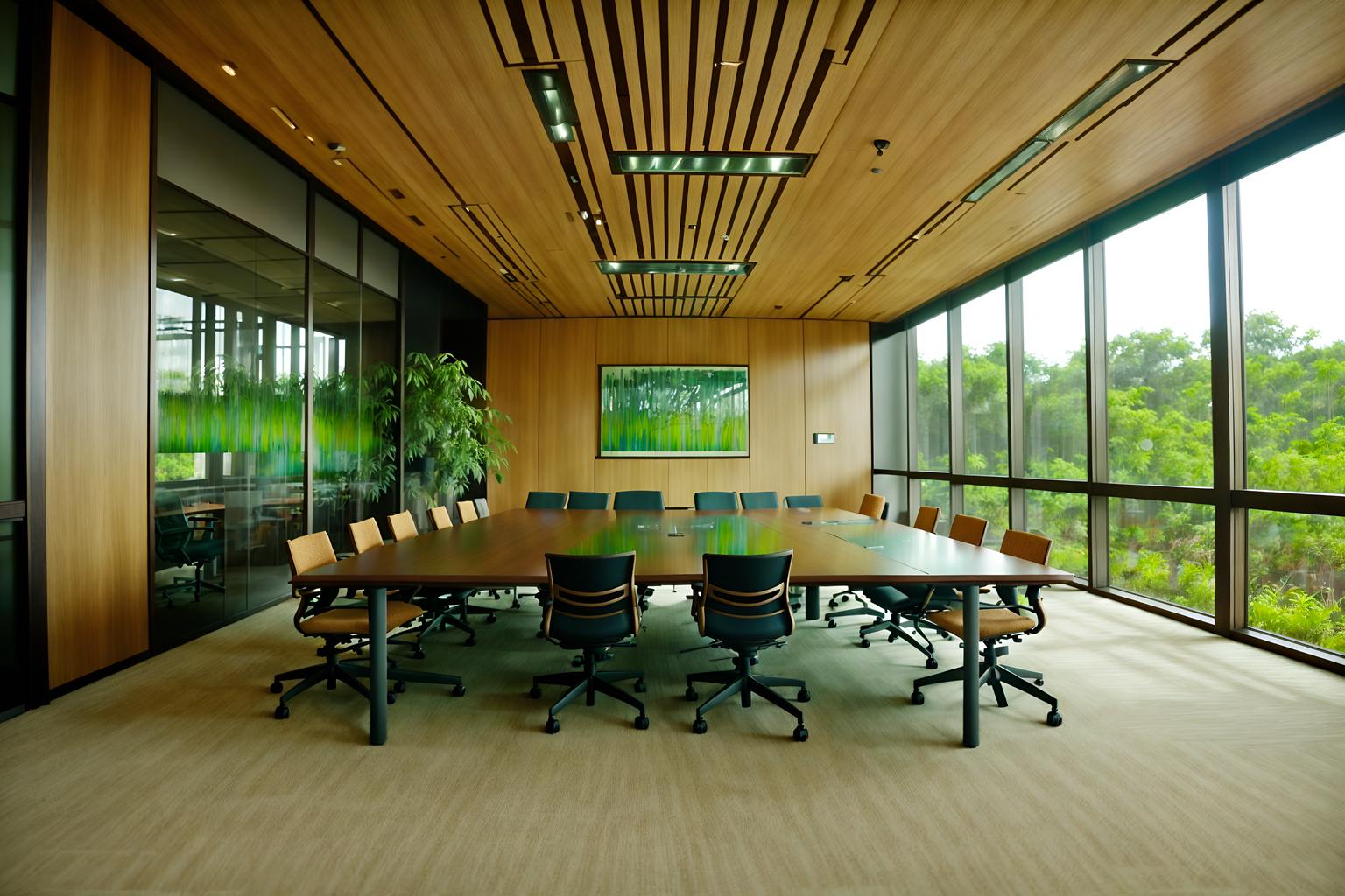 biophilic-style (meeting room interior) with glass walls and office chairs and painting or photo on wall and boardroom table and plant and vase and glass doors and cabinets. . with wood materials and natural elements and cork materials and features of nature and natural patterns and earthy colors and plants and images of animals. . cinematic photo, highly detailed, cinematic lighting, ultra-detailed, ultrarealistic, photorealism, 8k. biophilic interior design style. masterpiece, cinematic light, ultrarealistic+, photorealistic+, 8k, raw photo, realistic, sharp focus on eyes, (symmetrical eyes), (intact eyes), hyperrealistic, highest quality, best quality, , highly detailed, masterpiece, best quality, extremely detailed 8k wallpaper, masterpiece, best quality, ultra-detailed, best shadow, detailed background, detailed face, detailed eyes, high contrast, best illumination, detailed face, dulux, caustic, dynamic angle, detailed glow. dramatic lighting. highly detailed, insanely detailed hair, symmetrical, intricate details, professionally retouched, 8k high definition. strong bokeh. award winning photo.