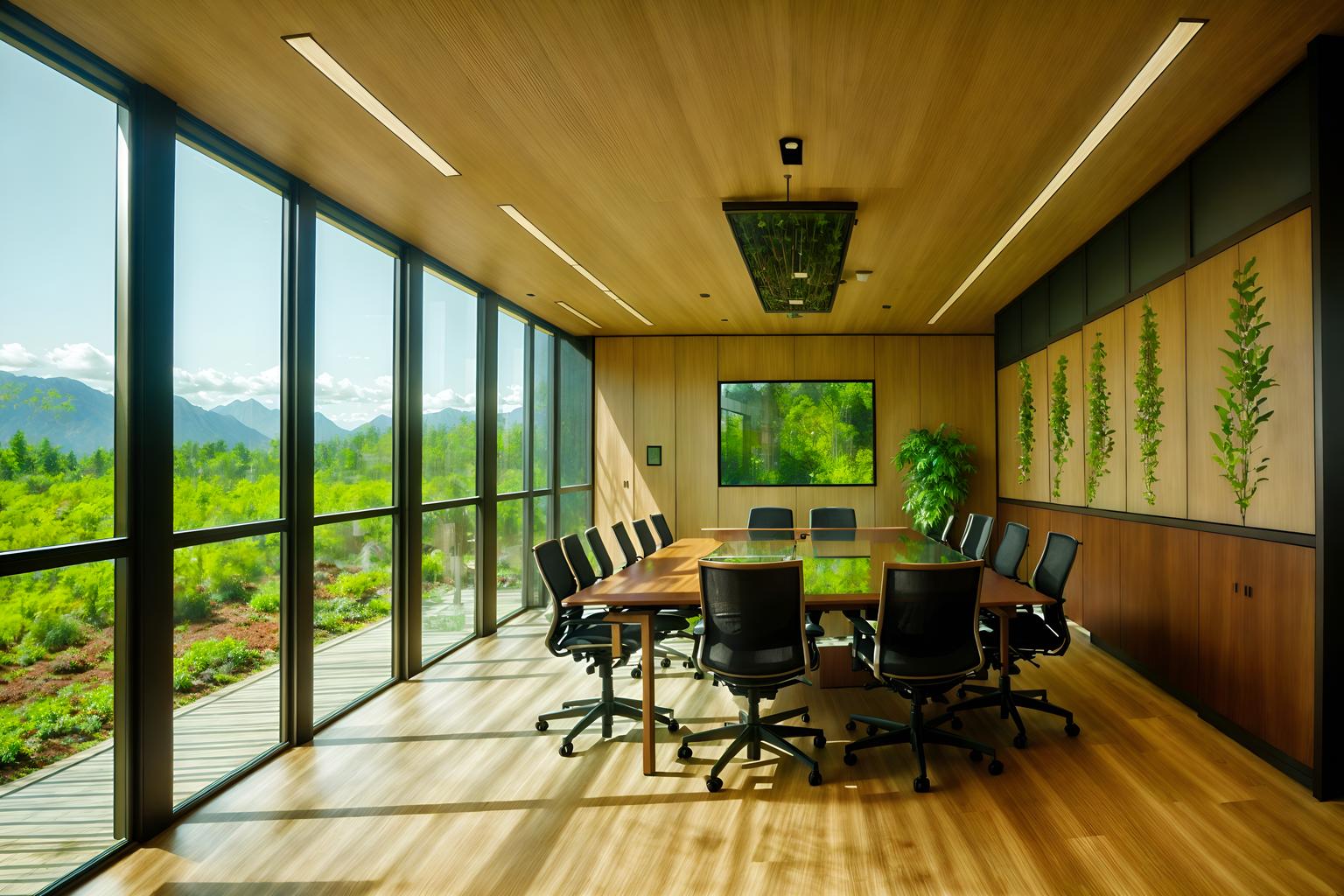 biophilic-style (meeting room interior) with glass walls and office chairs and painting or photo on wall and boardroom table and plant and vase and glass doors and cabinets. . with wood materials and natural elements and cork materials and features of nature and natural patterns and earthy colors and plants and images of animals. . cinematic photo, highly detailed, cinematic lighting, ultra-detailed, ultrarealistic, photorealism, 8k. biophilic interior design style. masterpiece, cinematic light, ultrarealistic+, photorealistic+, 8k, raw photo, realistic, sharp focus on eyes, (symmetrical eyes), (intact eyes), hyperrealistic, highest quality, best quality, , highly detailed, masterpiece, best quality, extremely detailed 8k wallpaper, masterpiece, best quality, ultra-detailed, best shadow, detailed background, detailed face, detailed eyes, high contrast, best illumination, detailed face, dulux, caustic, dynamic angle, detailed glow. dramatic lighting. highly detailed, insanely detailed hair, symmetrical, intricate details, professionally retouched, 8k high definition. strong bokeh. award winning photo.