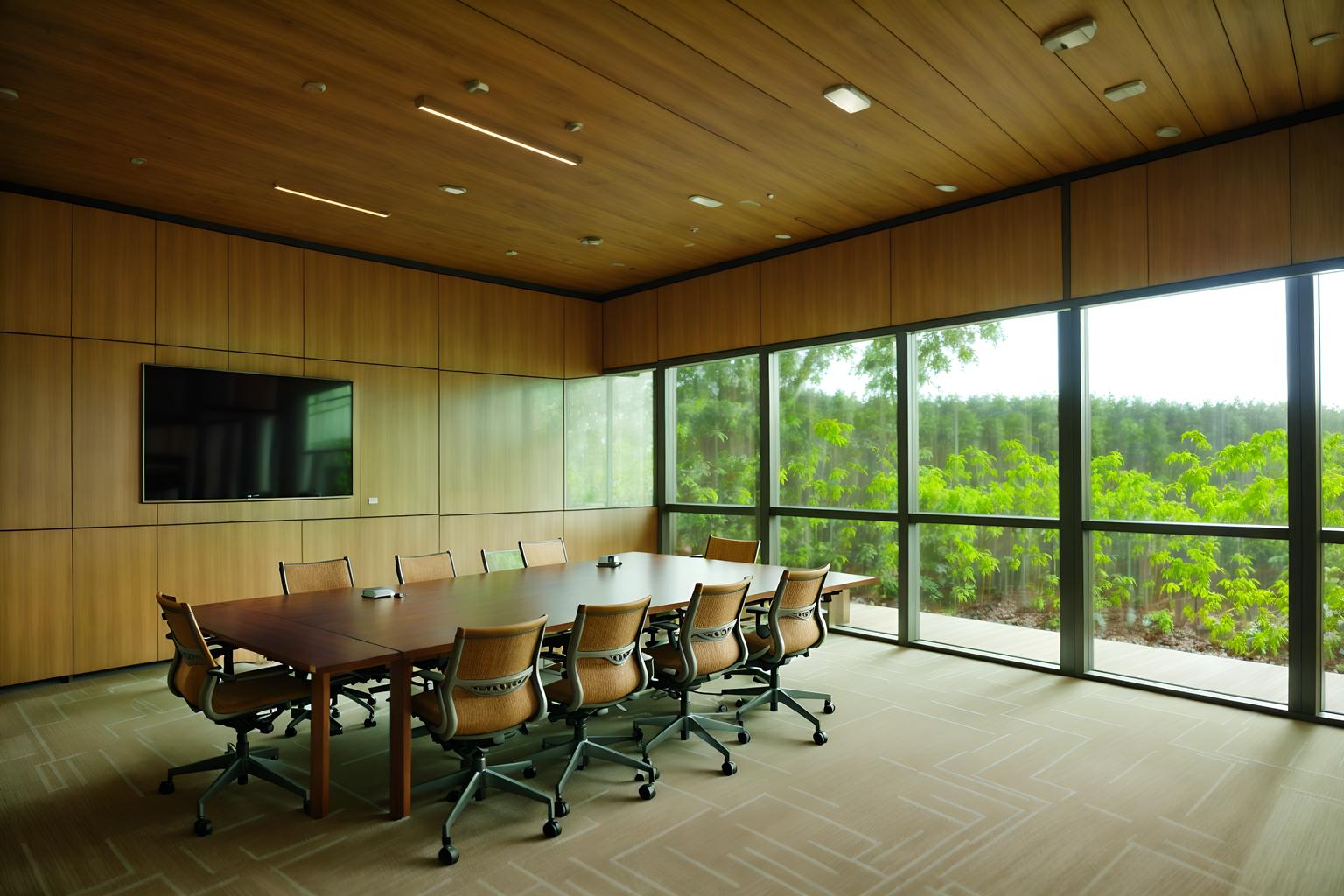 biophilic-style (meeting room interior) with glass walls and office chairs and painting or photo on wall and boardroom table and plant and vase and glass doors and cabinets. . with wood materials and natural elements and cork materials and features of nature and natural patterns and earthy colors and plants and images of animals. . cinematic photo, highly detailed, cinematic lighting, ultra-detailed, ultrarealistic, photorealism, 8k. biophilic interior design style. masterpiece, cinematic light, ultrarealistic+, photorealistic+, 8k, raw photo, realistic, sharp focus on eyes, (symmetrical eyes), (intact eyes), hyperrealistic, highest quality, best quality, , highly detailed, masterpiece, best quality, extremely detailed 8k wallpaper, masterpiece, best quality, ultra-detailed, best shadow, detailed background, detailed face, detailed eyes, high contrast, best illumination, detailed face, dulux, caustic, dynamic angle, detailed glow. dramatic lighting. highly detailed, insanely detailed hair, symmetrical, intricate details, professionally retouched, 8k high definition. strong bokeh. award winning photo.