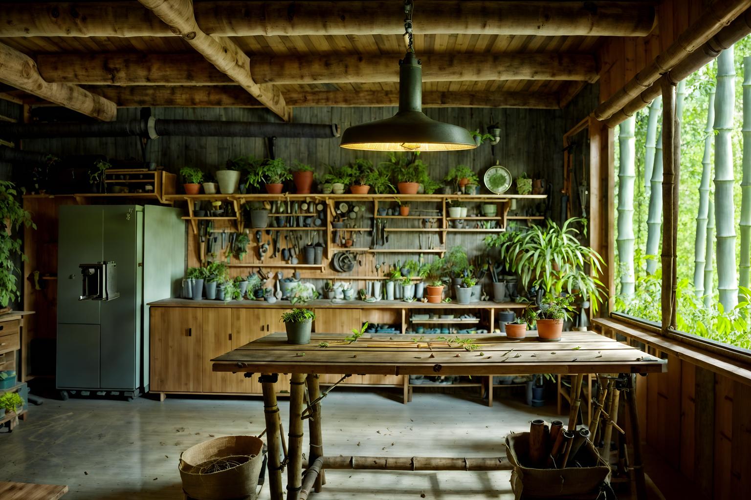 biophilic-style (workshop interior) with wooden workbench and messy and tool wall and wooden workbench. . with features of nature and plants and sunlight and linen materials and features of the natural world and bamboo materials and natural patterns and natural elements. . cinematic photo, highly detailed, cinematic lighting, ultra-detailed, ultrarealistic, photorealism, 8k. biophilic interior design style. masterpiece, cinematic light, ultrarealistic+, photorealistic+, 8k, raw photo, realistic, sharp focus on eyes, (symmetrical eyes), (intact eyes), hyperrealistic, highest quality, best quality, , highly detailed, masterpiece, best quality, extremely detailed 8k wallpaper, masterpiece, best quality, ultra-detailed, best shadow, detailed background, detailed face, detailed eyes, high contrast, best illumination, detailed face, dulux, caustic, dynamic angle, detailed glow. dramatic lighting. highly detailed, insanely detailed hair, symmetrical, intricate details, professionally retouched, 8k high definition. strong bokeh. award winning photo.