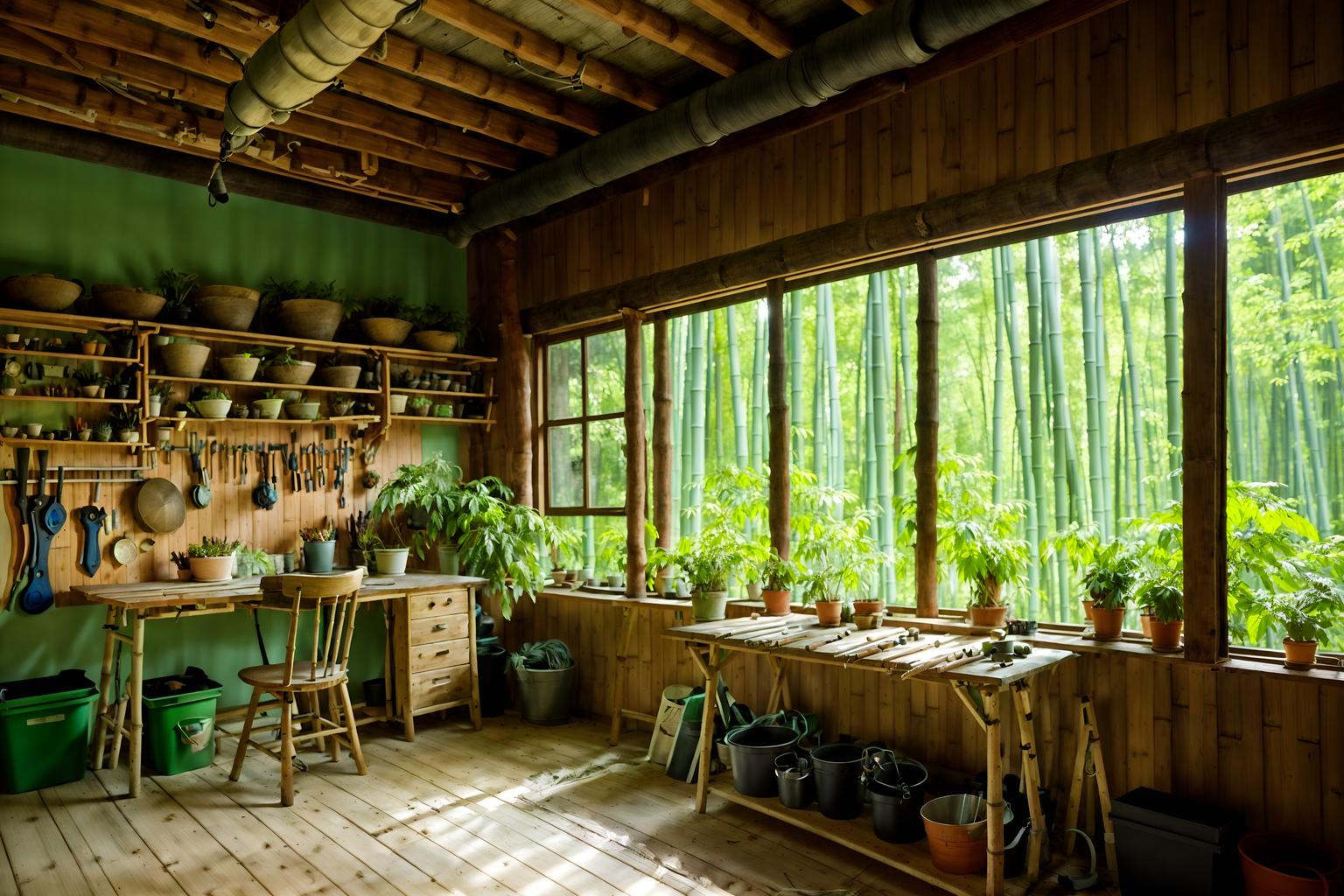 biophilic-style (workshop interior) with wooden workbench and messy and tool wall and wooden workbench. . with features of nature and plants and sunlight and linen materials and features of the natural world and bamboo materials and natural patterns and natural elements. . cinematic photo, highly detailed, cinematic lighting, ultra-detailed, ultrarealistic, photorealism, 8k. biophilic interior design style. masterpiece, cinematic light, ultrarealistic+, photorealistic+, 8k, raw photo, realistic, sharp focus on eyes, (symmetrical eyes), (intact eyes), hyperrealistic, highest quality, best quality, , highly detailed, masterpiece, best quality, extremely detailed 8k wallpaper, masterpiece, best quality, ultra-detailed, best shadow, detailed background, detailed face, detailed eyes, high contrast, best illumination, detailed face, dulux, caustic, dynamic angle, detailed glow. dramatic lighting. highly detailed, insanely detailed hair, symmetrical, intricate details, professionally retouched, 8k high definition. strong bokeh. award winning photo.