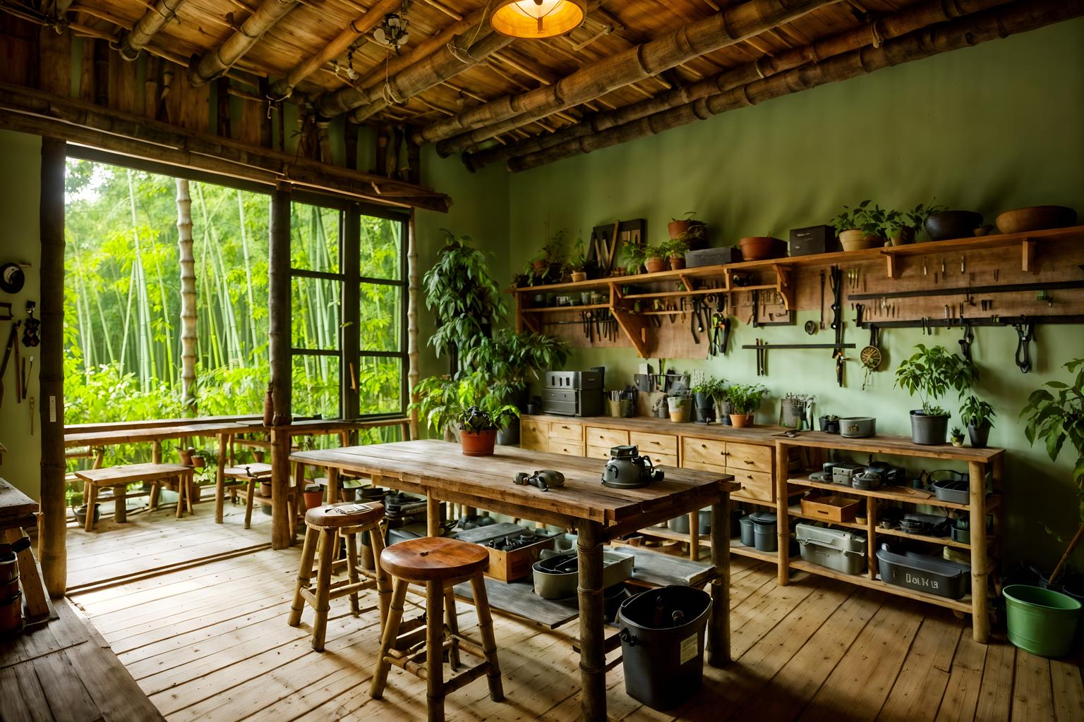 biophilic-style (workshop interior) with wooden workbench and messy and tool wall and wooden workbench. . with features of nature and plants and sunlight and linen materials and features of the natural world and bamboo materials and natural patterns and natural elements. . cinematic photo, highly detailed, cinematic lighting, ultra-detailed, ultrarealistic, photorealism, 8k. biophilic interior design style. masterpiece, cinematic light, ultrarealistic+, photorealistic+, 8k, raw photo, realistic, sharp focus on eyes, (symmetrical eyes), (intact eyes), hyperrealistic, highest quality, best quality, , highly detailed, masterpiece, best quality, extremely detailed 8k wallpaper, masterpiece, best quality, ultra-detailed, best shadow, detailed background, detailed face, detailed eyes, high contrast, best illumination, detailed face, dulux, caustic, dynamic angle, detailed glow. dramatic lighting. highly detailed, insanely detailed hair, symmetrical, intricate details, professionally retouched, 8k high definition. strong bokeh. award winning photo.