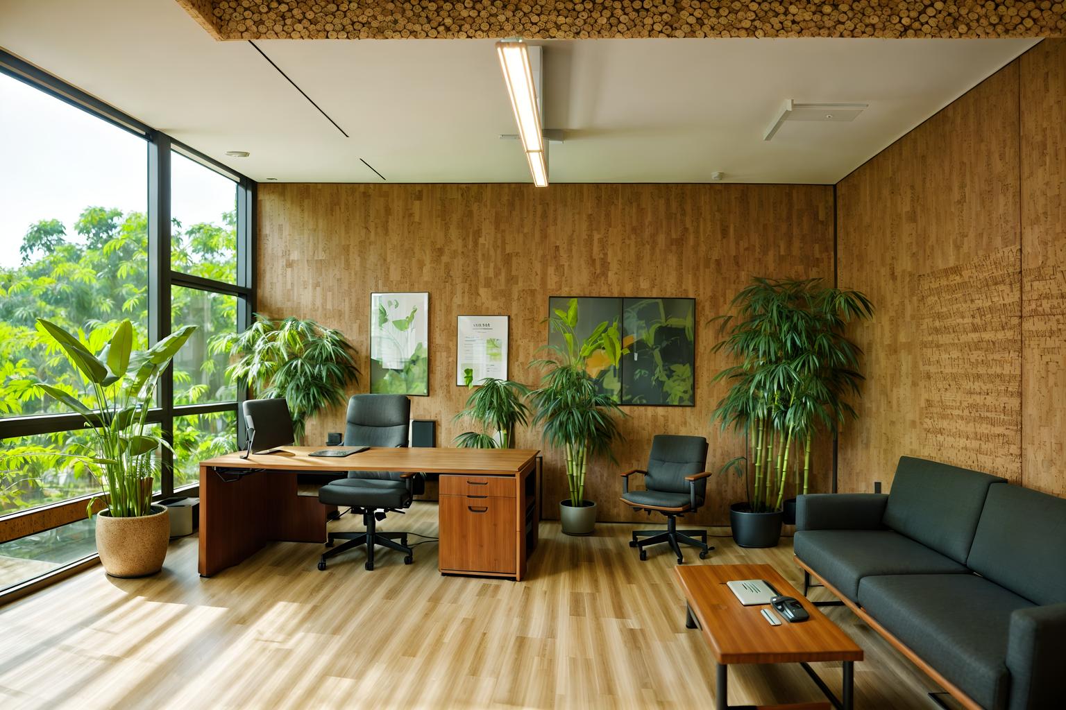 biophilic-style (office interior) with seating area with sofa and office desks and lounge chairs and computer desks and cabinets and plants and desk lamps and windows. . with natural environment and calming style and cork materials and earthy colors and sunlight and natural elements and natural shapes and forms and bamboo materials. . cinematic photo, highly detailed, cinematic lighting, ultra-detailed, ultrarealistic, photorealism, 8k. biophilic interior design style. masterpiece, cinematic light, ultrarealistic+, photorealistic+, 8k, raw photo, realistic, sharp focus on eyes, (symmetrical eyes), (intact eyes), hyperrealistic, highest quality, best quality, , highly detailed, masterpiece, best quality, extremely detailed 8k wallpaper, masterpiece, best quality, ultra-detailed, best shadow, detailed background, detailed face, detailed eyes, high contrast, best illumination, detailed face, dulux, caustic, dynamic angle, detailed glow. dramatic lighting. highly detailed, insanely detailed hair, symmetrical, intricate details, professionally retouched, 8k high definition. strong bokeh. award winning photo.