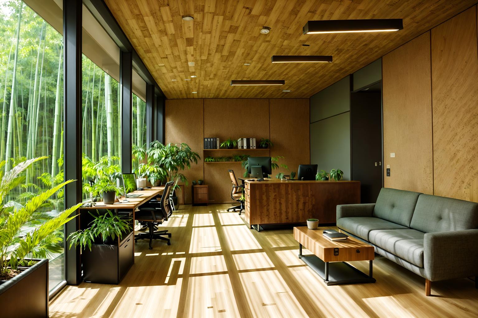 biophilic-style (office interior) with seating area with sofa and office desks and lounge chairs and computer desks and cabinets and plants and desk lamps and windows. . with natural environment and calming style and cork materials and earthy colors and sunlight and natural elements and natural shapes and forms and bamboo materials. . cinematic photo, highly detailed, cinematic lighting, ultra-detailed, ultrarealistic, photorealism, 8k. biophilic interior design style. masterpiece, cinematic light, ultrarealistic+, photorealistic+, 8k, raw photo, realistic, sharp focus on eyes, (symmetrical eyes), (intact eyes), hyperrealistic, highest quality, best quality, , highly detailed, masterpiece, best quality, extremely detailed 8k wallpaper, masterpiece, best quality, ultra-detailed, best shadow, detailed background, detailed face, detailed eyes, high contrast, best illumination, detailed face, dulux, caustic, dynamic angle, detailed glow. dramatic lighting. highly detailed, insanely detailed hair, symmetrical, intricate details, professionally retouched, 8k high definition. strong bokeh. award winning photo.