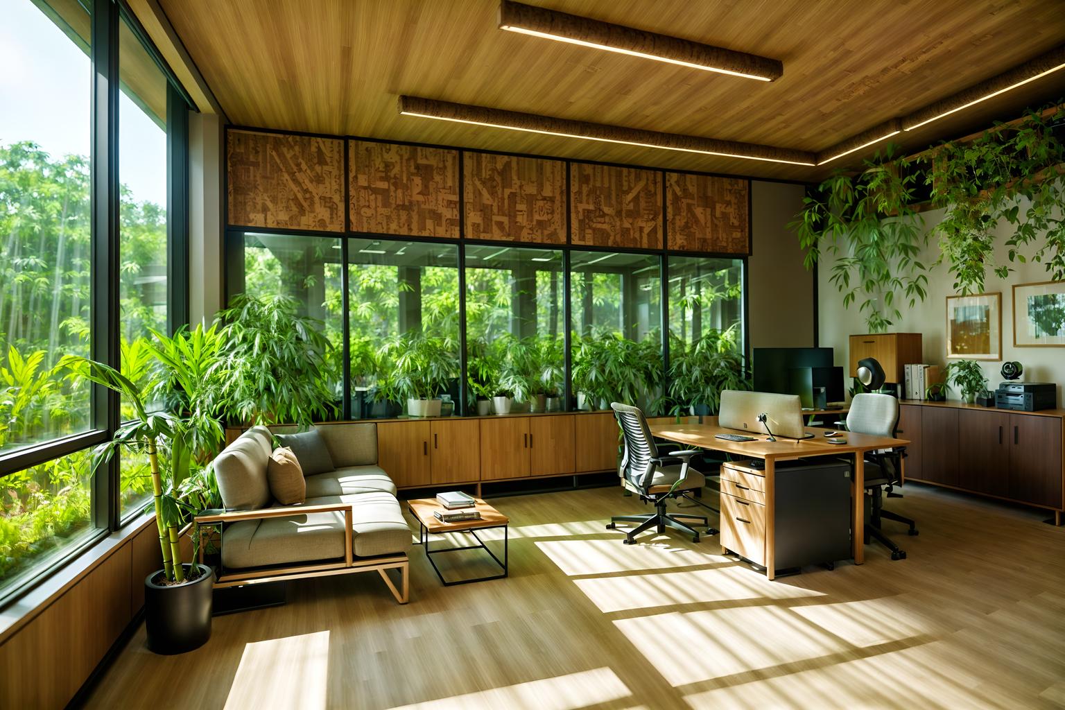 biophilic-style (office interior) with seating area with sofa and office desks and lounge chairs and computer desks and cabinets and plants and desk lamps and windows. . with natural environment and calming style and cork materials and earthy colors and sunlight and natural elements and natural shapes and forms and bamboo materials. . cinematic photo, highly detailed, cinematic lighting, ultra-detailed, ultrarealistic, photorealism, 8k. biophilic interior design style. masterpiece, cinematic light, ultrarealistic+, photorealistic+, 8k, raw photo, realistic, sharp focus on eyes, (symmetrical eyes), (intact eyes), hyperrealistic, highest quality, best quality, , highly detailed, masterpiece, best quality, extremely detailed 8k wallpaper, masterpiece, best quality, ultra-detailed, best shadow, detailed background, detailed face, detailed eyes, high contrast, best illumination, detailed face, dulux, caustic, dynamic angle, detailed glow. dramatic lighting. highly detailed, insanely detailed hair, symmetrical, intricate details, professionally retouched, 8k high definition. strong bokeh. award winning photo.