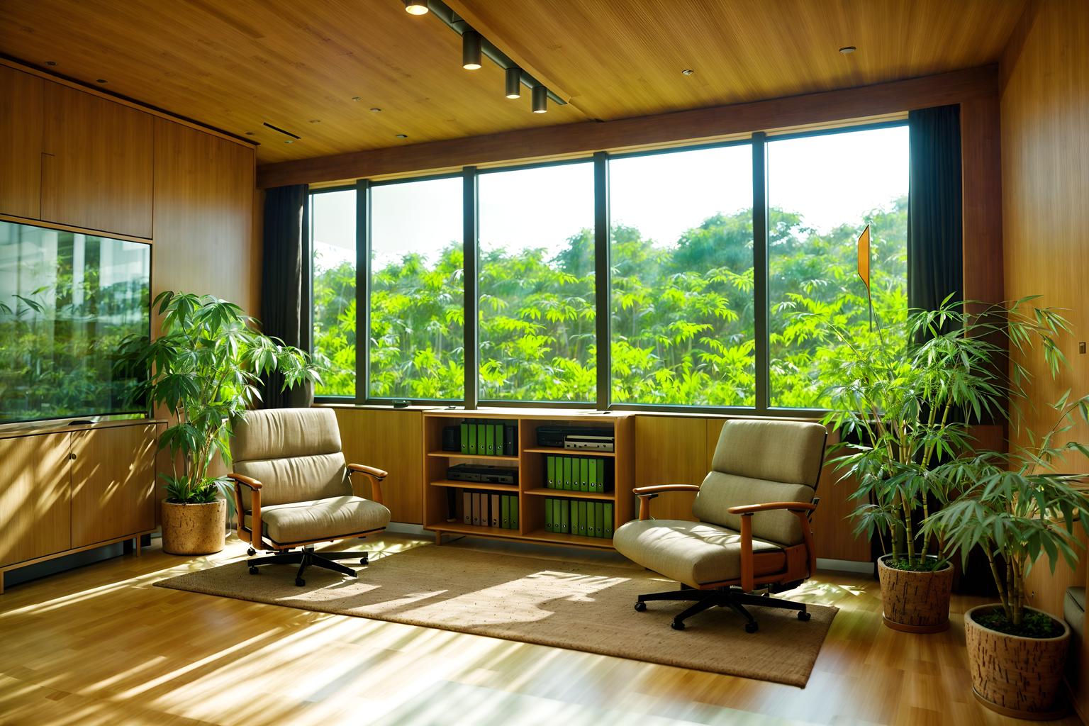 biophilic-style (office interior) with seating area with sofa and office desks and lounge chairs and computer desks and cabinets and plants and desk lamps and windows. . with natural environment and calming style and cork materials and earthy colors and sunlight and natural elements and natural shapes and forms and bamboo materials. . cinematic photo, highly detailed, cinematic lighting, ultra-detailed, ultrarealistic, photorealism, 8k. biophilic interior design style. masterpiece, cinematic light, ultrarealistic+, photorealistic+, 8k, raw photo, realistic, sharp focus on eyes, (symmetrical eyes), (intact eyes), hyperrealistic, highest quality, best quality, , highly detailed, masterpiece, best quality, extremely detailed 8k wallpaper, masterpiece, best quality, ultra-detailed, best shadow, detailed background, detailed face, detailed eyes, high contrast, best illumination, detailed face, dulux, caustic, dynamic angle, detailed glow. dramatic lighting. highly detailed, insanely detailed hair, symmetrical, intricate details, professionally retouched, 8k high definition. strong bokeh. award winning photo.