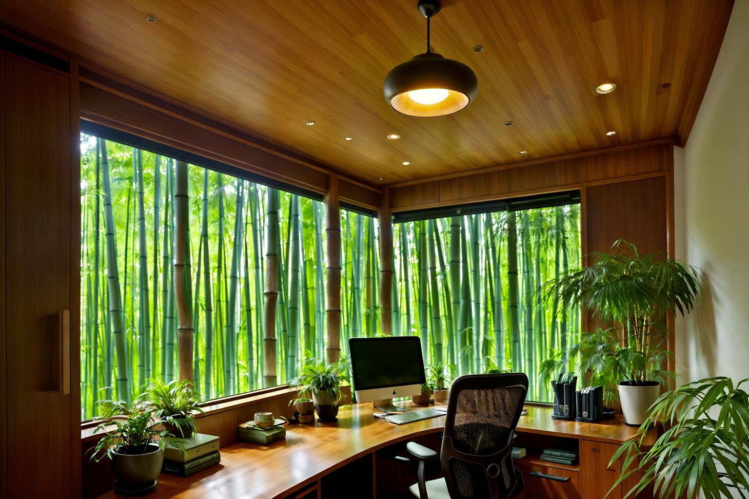 biophilic-style (home office interior) with office chair and cabinets and plant and desk lamp and computer desk and office chair. . with natural shapes and forms and bamboo materials and plants and earthy colors and features of the natural world and images of animals and images of nature and cork materials. . cinematic photo, highly detailed, cinematic lighting, ultra-detailed, ultrarealistic, photorealism, 8k. biophilic interior design style. masterpiece, cinematic light, ultrarealistic+, photorealistic+, 8k, raw photo, realistic, sharp focus on eyes, (symmetrical eyes), (intact eyes), hyperrealistic, highest quality, best quality, , highly detailed, masterpiece, best quality, extremely detailed 8k wallpaper, masterpiece, best quality, ultra-detailed, best shadow, detailed background, detailed face, detailed eyes, high contrast, best illumination, detailed face, dulux, caustic, dynamic angle, detailed glow. dramatic lighting. highly detailed, insanely detailed hair, symmetrical, intricate details, professionally retouched, 8k high definition. strong bokeh. award winning photo.