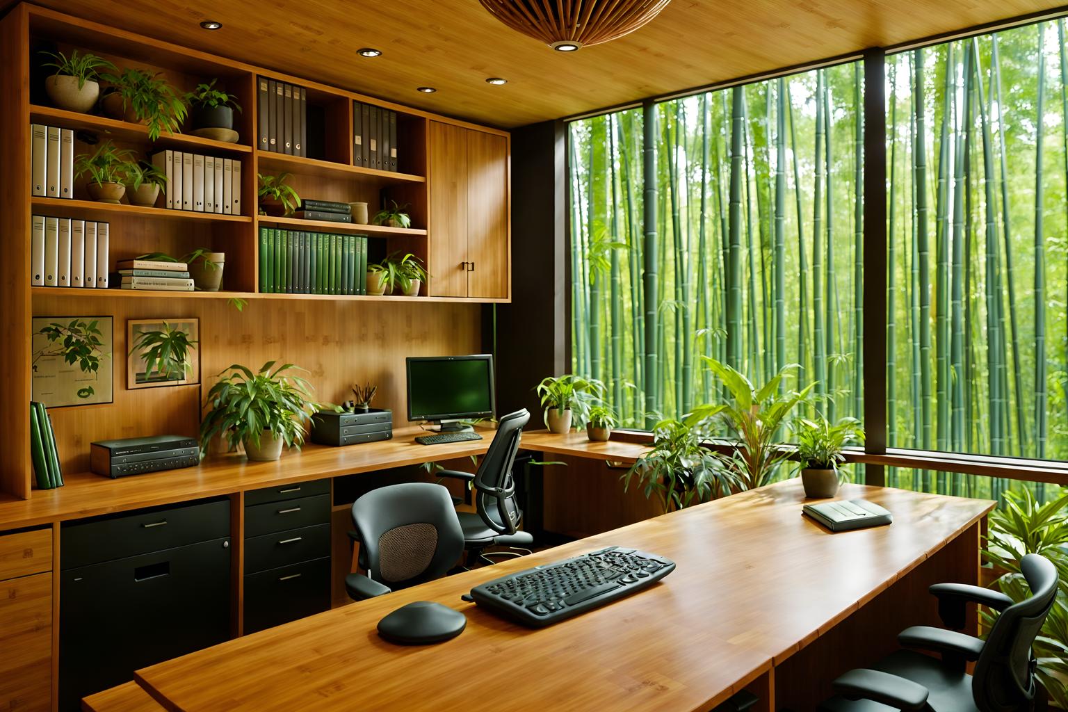biophilic-style (home office interior) with office chair and cabinets and plant and desk lamp and computer desk and office chair. . with natural shapes and forms and bamboo materials and plants and earthy colors and features of the natural world and images of animals and images of nature and cork materials. . cinematic photo, highly detailed, cinematic lighting, ultra-detailed, ultrarealistic, photorealism, 8k. biophilic interior design style. masterpiece, cinematic light, ultrarealistic+, photorealistic+, 8k, raw photo, realistic, sharp focus on eyes, (symmetrical eyes), (intact eyes), hyperrealistic, highest quality, best quality, , highly detailed, masterpiece, best quality, extremely detailed 8k wallpaper, masterpiece, best quality, ultra-detailed, best shadow, detailed background, detailed face, detailed eyes, high contrast, best illumination, detailed face, dulux, caustic, dynamic angle, detailed glow. dramatic lighting. highly detailed, insanely detailed hair, symmetrical, intricate details, professionally retouched, 8k high definition. strong bokeh. award winning photo.