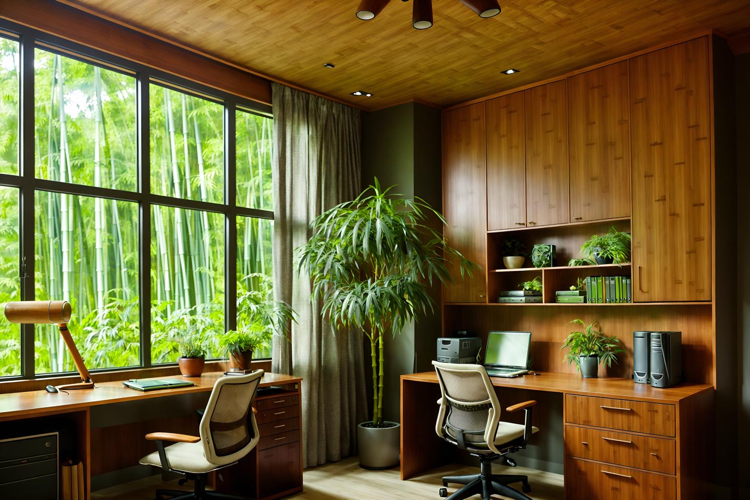 biophilic-style (home office interior) with office chair and cabinets and plant and desk lamp and computer desk and office chair. . with natural shapes and forms and bamboo materials and plants and earthy colors and features of the natural world and images of animals and images of nature and cork materials. . cinematic photo, highly detailed, cinematic lighting, ultra-detailed, ultrarealistic, photorealism, 8k. biophilic interior design style. masterpiece, cinematic light, ultrarealistic+, photorealistic+, 8k, raw photo, realistic, sharp focus on eyes, (symmetrical eyes), (intact eyes), hyperrealistic, highest quality, best quality, , highly detailed, masterpiece, best quality, extremely detailed 8k wallpaper, masterpiece, best quality, ultra-detailed, best shadow, detailed background, detailed face, detailed eyes, high contrast, best illumination, detailed face, dulux, caustic, dynamic angle, detailed glow. dramatic lighting. highly detailed, insanely detailed hair, symmetrical, intricate details, professionally retouched, 8k high definition. strong bokeh. award winning photo.