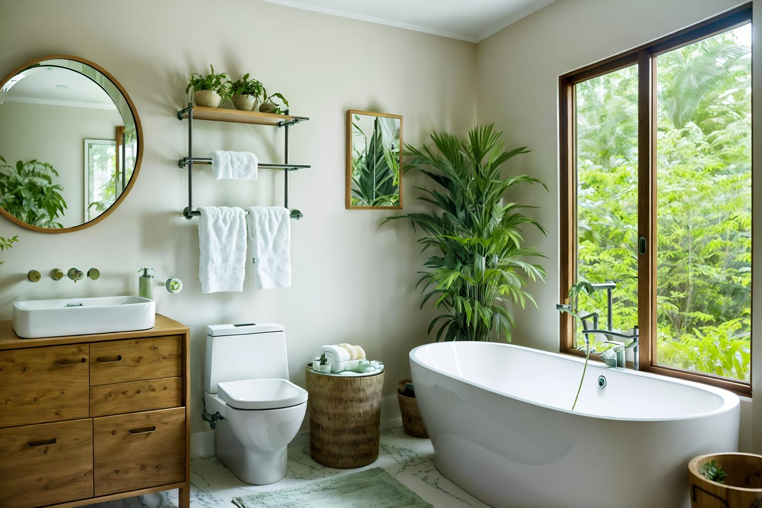 biophilic-style (bathroom interior) with bathroom cabinet and bath rail and mirror and toilet seat and bath towel and plant and bathroom sink with faucet and shower. . with features of the natural world and linen materials and images of animals and natural environment and earthy colors and natural elements and natural shapes and forms and calming style. . cinematic photo, highly detailed, cinematic lighting, ultra-detailed, ultrarealistic, photorealism, 8k. biophilic interior design style. masterpiece, cinematic light, ultrarealistic+, photorealistic+, 8k, raw photo, realistic, sharp focus on eyes, (symmetrical eyes), (intact eyes), hyperrealistic, highest quality, best quality, , highly detailed, masterpiece, best quality, extremely detailed 8k wallpaper, masterpiece, best quality, ultra-detailed, best shadow, detailed background, detailed face, detailed eyes, high contrast, best illumination, detailed face, dulux, caustic, dynamic angle, detailed glow. dramatic lighting. highly detailed, insanely detailed hair, symmetrical, intricate details, professionally retouched, 8k high definition. strong bokeh. award winning photo.