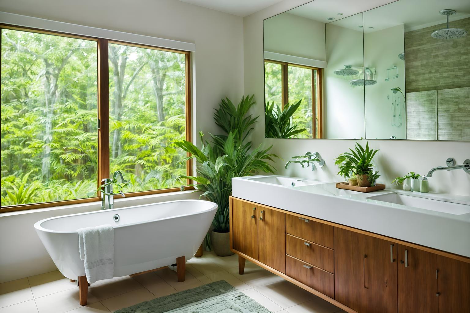 biophilic-style (bathroom interior) with bathroom cabinet and bath rail and mirror and toilet seat and bath towel and plant and bathroom sink with faucet and shower. . with features of the natural world and linen materials and images of animals and natural environment and earthy colors and natural elements and natural shapes and forms and calming style. . cinematic photo, highly detailed, cinematic lighting, ultra-detailed, ultrarealistic, photorealism, 8k. biophilic interior design style. masterpiece, cinematic light, ultrarealistic+, photorealistic+, 8k, raw photo, realistic, sharp focus on eyes, (symmetrical eyes), (intact eyes), hyperrealistic, highest quality, best quality, , highly detailed, masterpiece, best quality, extremely detailed 8k wallpaper, masterpiece, best quality, ultra-detailed, best shadow, detailed background, detailed face, detailed eyes, high contrast, best illumination, detailed face, dulux, caustic, dynamic angle, detailed glow. dramatic lighting. highly detailed, insanely detailed hair, symmetrical, intricate details, professionally retouched, 8k high definition. strong bokeh. award winning photo.