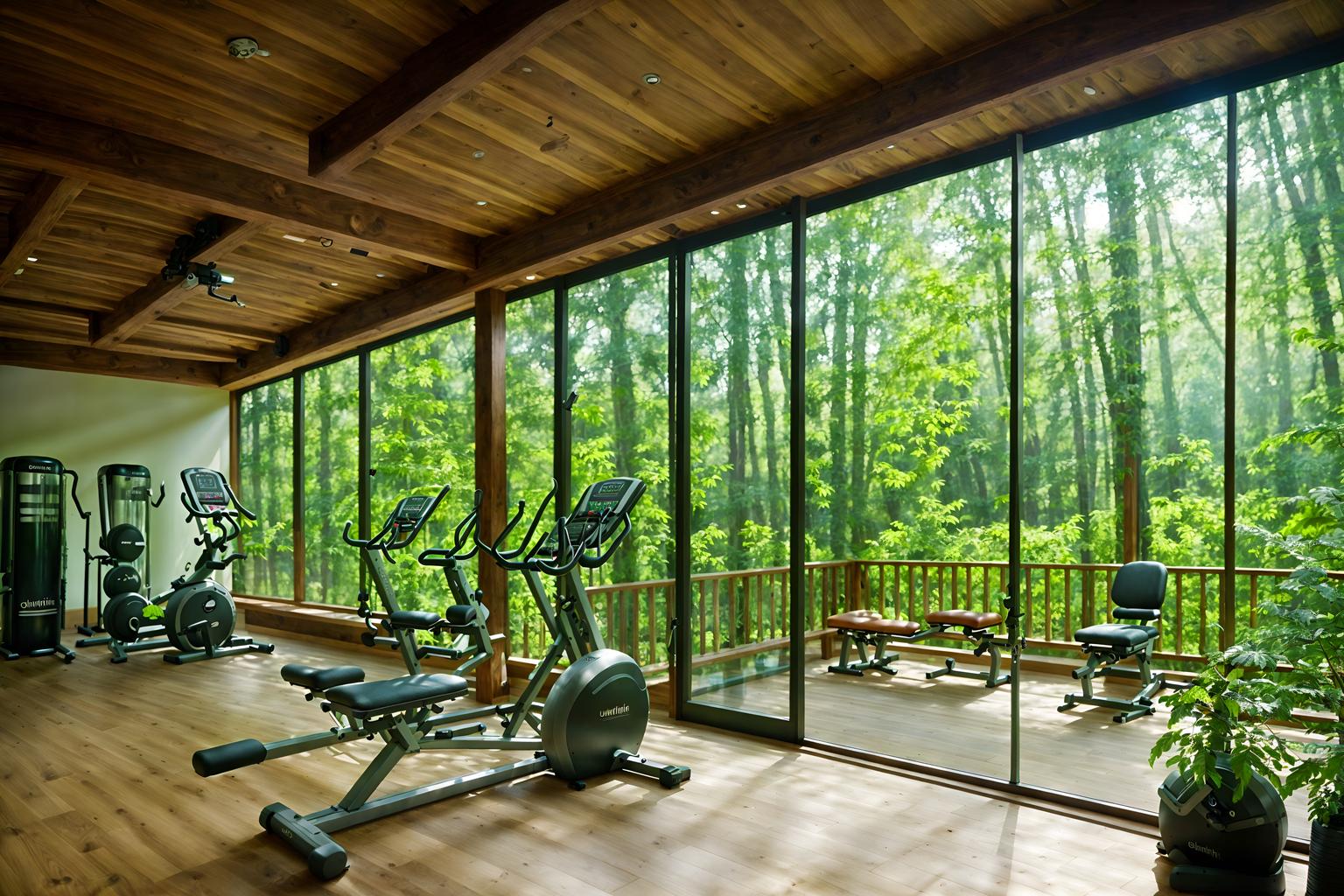 biophilic-style (fitness gym interior) with exercise bicycle and bench press and squat rack and crosstrainer and dumbbell stand and exercise bicycle. . with natural elements and calming style and wood materials and natural environment and fresh air and plants and natural patterns and features of nature. . cinematic photo, highly detailed, cinematic lighting, ultra-detailed, ultrarealistic, photorealism, 8k. biophilic interior design style. masterpiece, cinematic light, ultrarealistic+, photorealistic+, 8k, raw photo, realistic, sharp focus on eyes, (symmetrical eyes), (intact eyes), hyperrealistic, highest quality, best quality, , highly detailed, masterpiece, best quality, extremely detailed 8k wallpaper, masterpiece, best quality, ultra-detailed, best shadow, detailed background, detailed face, detailed eyes, high contrast, best illumination, detailed face, dulux, caustic, dynamic angle, detailed glow. dramatic lighting. highly detailed, insanely detailed hair, symmetrical, intricate details, professionally retouched, 8k high definition. strong bokeh. award winning photo.