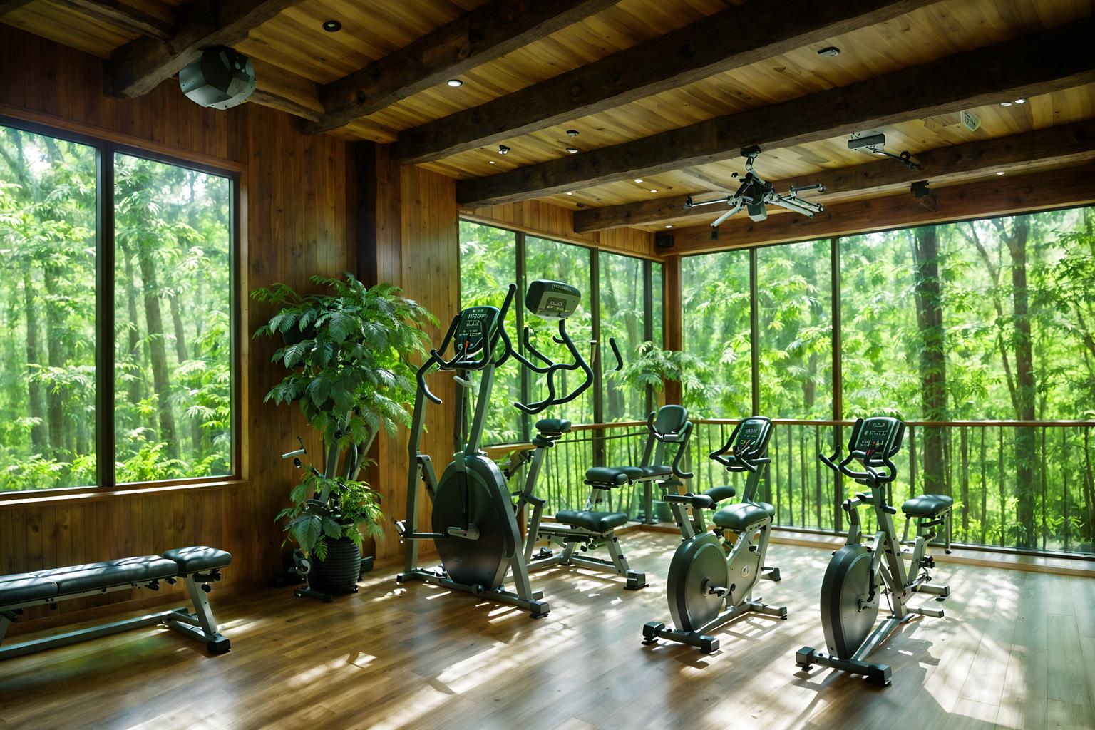 biophilic-style (fitness gym interior) with exercise bicycle and bench press and squat rack and crosstrainer and dumbbell stand and exercise bicycle. . with natural elements and calming style and wood materials and natural environment and fresh air and plants and natural patterns and features of nature. . cinematic photo, highly detailed, cinematic lighting, ultra-detailed, ultrarealistic, photorealism, 8k. biophilic interior design style. masterpiece, cinematic light, ultrarealistic+, photorealistic+, 8k, raw photo, realistic, sharp focus on eyes, (symmetrical eyes), (intact eyes), hyperrealistic, highest quality, best quality, , highly detailed, masterpiece, best quality, extremely detailed 8k wallpaper, masterpiece, best quality, ultra-detailed, best shadow, detailed background, detailed face, detailed eyes, high contrast, best illumination, detailed face, dulux, caustic, dynamic angle, detailed glow. dramatic lighting. highly detailed, insanely detailed hair, symmetrical, intricate details, professionally retouched, 8k high definition. strong bokeh. award winning photo.