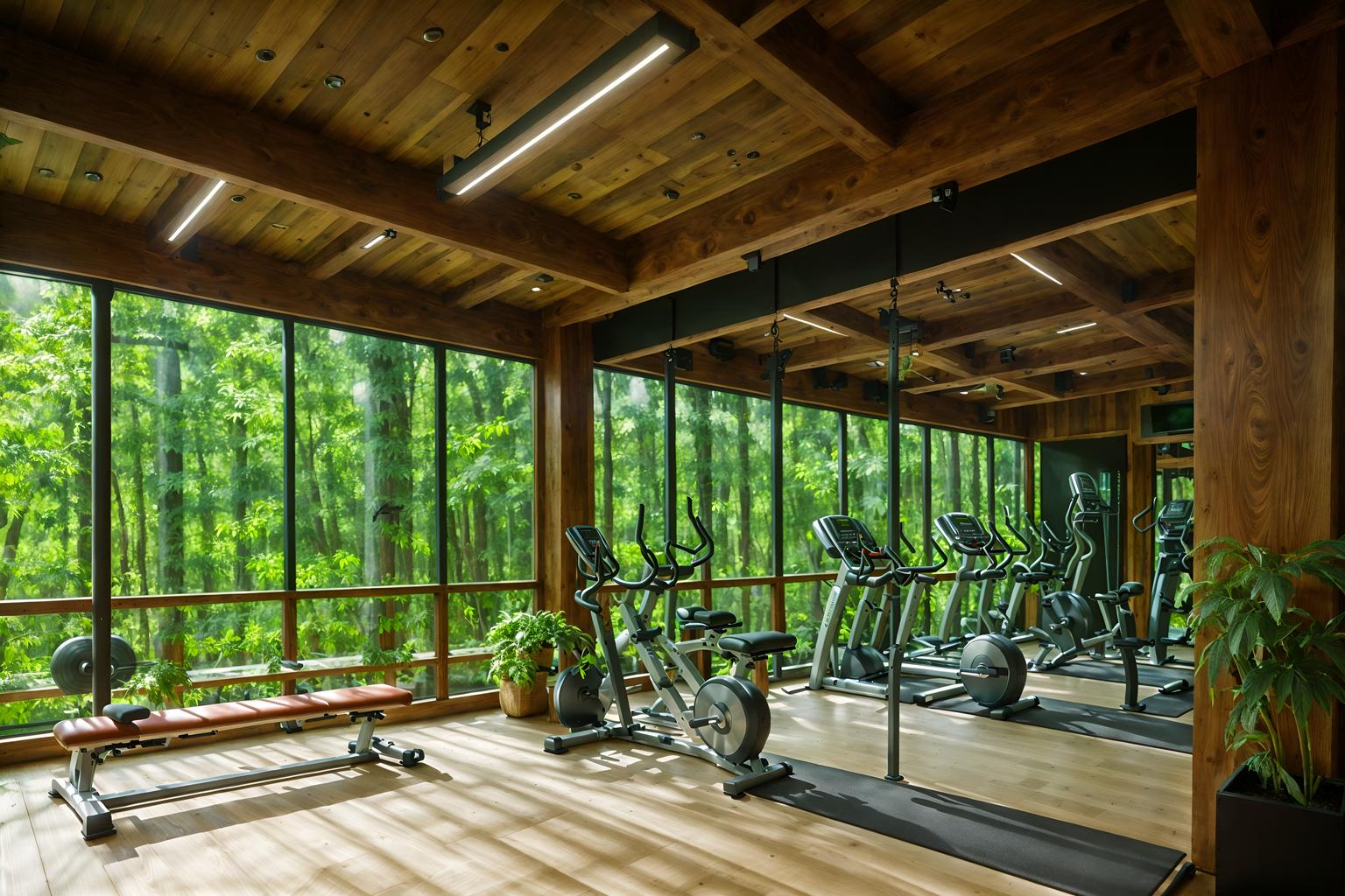 biophilic-style (fitness gym interior) with exercise bicycle and bench press and squat rack and crosstrainer and dumbbell stand and exercise bicycle. . with natural elements and calming style and wood materials and natural environment and fresh air and plants and natural patterns and features of nature. . cinematic photo, highly detailed, cinematic lighting, ultra-detailed, ultrarealistic, photorealism, 8k. biophilic interior design style. masterpiece, cinematic light, ultrarealistic+, photorealistic+, 8k, raw photo, realistic, sharp focus on eyes, (symmetrical eyes), (intact eyes), hyperrealistic, highest quality, best quality, , highly detailed, masterpiece, best quality, extremely detailed 8k wallpaper, masterpiece, best quality, ultra-detailed, best shadow, detailed background, detailed face, detailed eyes, high contrast, best illumination, detailed face, dulux, caustic, dynamic angle, detailed glow. dramatic lighting. highly detailed, insanely detailed hair, symmetrical, intricate details, professionally retouched, 8k high definition. strong bokeh. award winning photo.