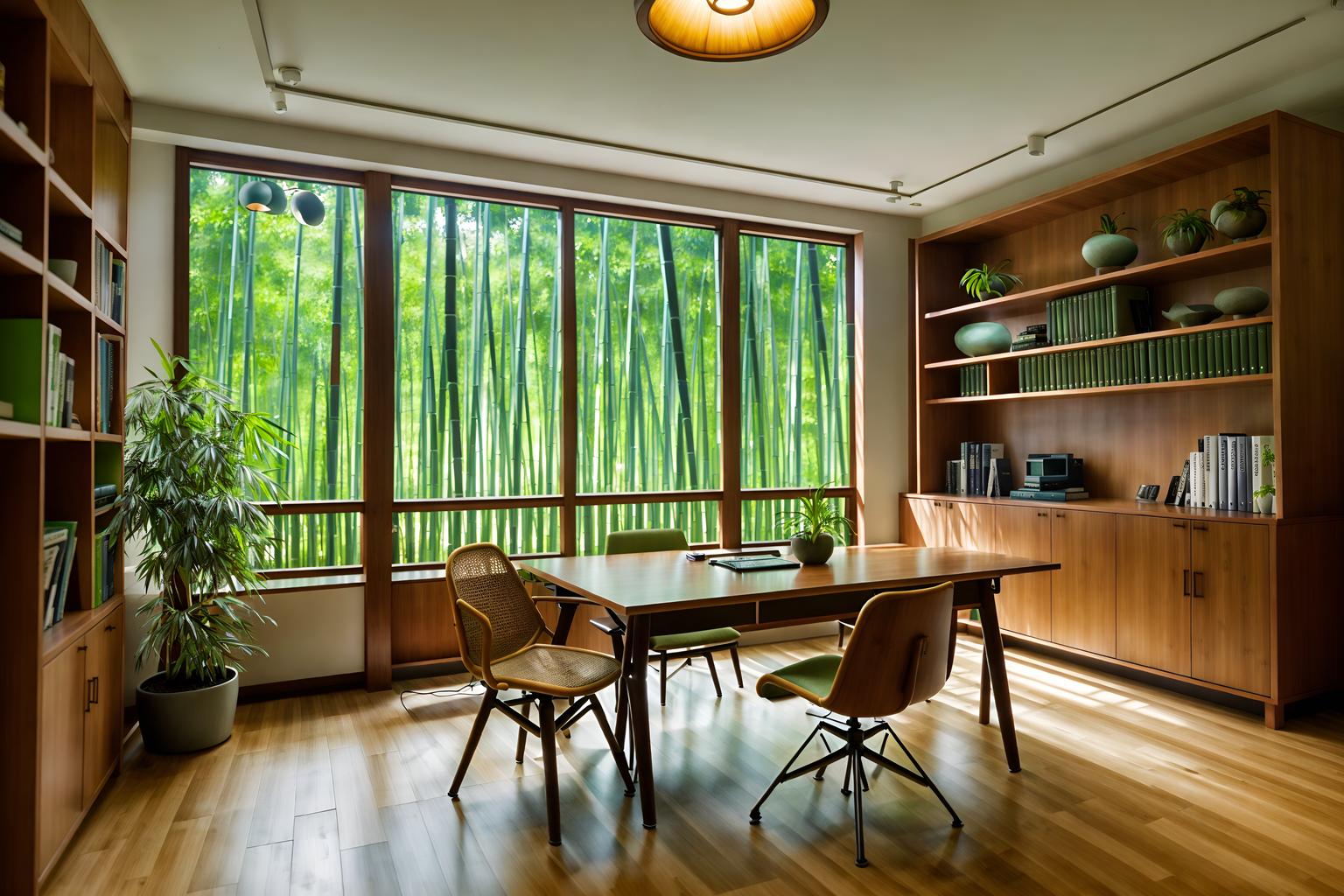 biophilic-style (study room interior) with lounge chair and plant and office chair and bookshelves and writing desk and desk lamp and cabinets and lounge chair. . with images of nature and features of nature and fresh air and bamboo materials and ceramic materials and natural shapes and forms and earthy colors and natural environment. . cinematic photo, highly detailed, cinematic lighting, ultra-detailed, ultrarealistic, photorealism, 8k. biophilic interior design style. masterpiece, cinematic light, ultrarealistic+, photorealistic+, 8k, raw photo, realistic, sharp focus on eyes, (symmetrical eyes), (intact eyes), hyperrealistic, highest quality, best quality, , highly detailed, masterpiece, best quality, extremely detailed 8k wallpaper, masterpiece, best quality, ultra-detailed, best shadow, detailed background, detailed face, detailed eyes, high contrast, best illumination, detailed face, dulux, caustic, dynamic angle, detailed glow. dramatic lighting. highly detailed, insanely detailed hair, symmetrical, intricate details, professionally retouched, 8k high definition. strong bokeh. award winning photo.