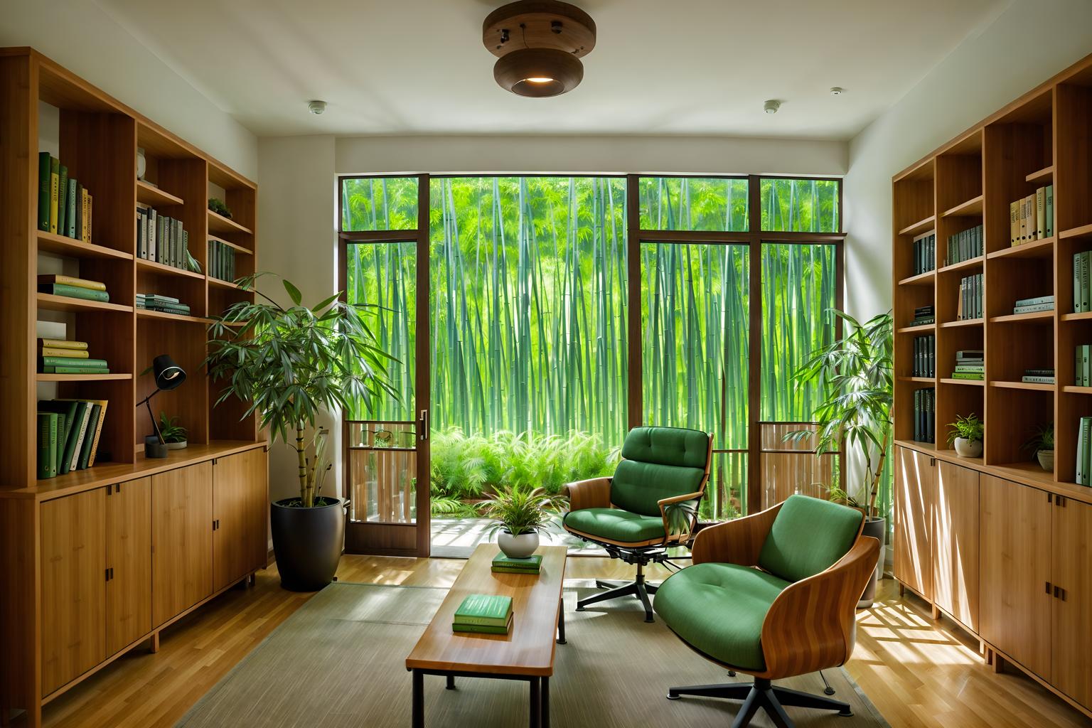 biophilic-style (study room interior) with lounge chair and plant and office chair and bookshelves and writing desk and desk lamp and cabinets and lounge chair. . with images of nature and features of nature and fresh air and bamboo materials and ceramic materials and natural shapes and forms and earthy colors and natural environment. . cinematic photo, highly detailed, cinematic lighting, ultra-detailed, ultrarealistic, photorealism, 8k. biophilic interior design style. masterpiece, cinematic light, ultrarealistic+, photorealistic+, 8k, raw photo, realistic, sharp focus on eyes, (symmetrical eyes), (intact eyes), hyperrealistic, highest quality, best quality, , highly detailed, masterpiece, best quality, extremely detailed 8k wallpaper, masterpiece, best quality, ultra-detailed, best shadow, detailed background, detailed face, detailed eyes, high contrast, best illumination, detailed face, dulux, caustic, dynamic angle, detailed glow. dramatic lighting. highly detailed, insanely detailed hair, symmetrical, intricate details, professionally retouched, 8k high definition. strong bokeh. award winning photo.