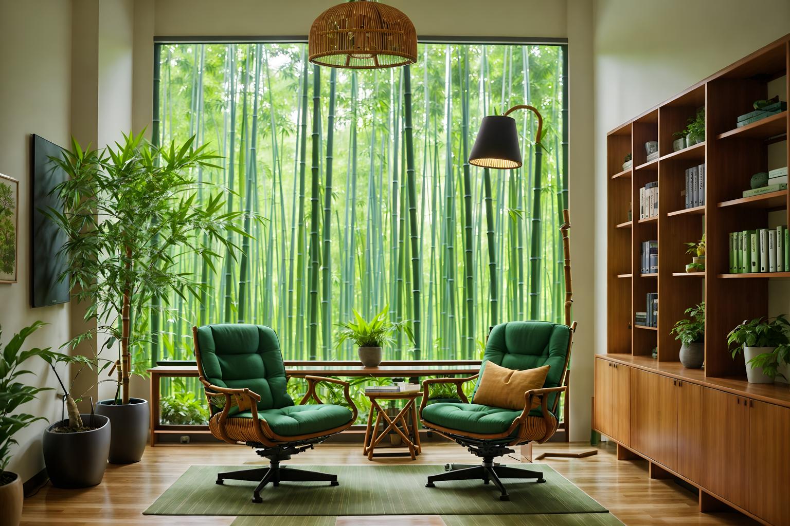 biophilic-style (study room interior) with lounge chair and plant and office chair and bookshelves and writing desk and desk lamp and cabinets and lounge chair. . with images of nature and features of nature and fresh air and bamboo materials and ceramic materials and natural shapes and forms and earthy colors and natural environment. . cinematic photo, highly detailed, cinematic lighting, ultra-detailed, ultrarealistic, photorealism, 8k. biophilic interior design style. masterpiece, cinematic light, ultrarealistic+, photorealistic+, 8k, raw photo, realistic, sharp focus on eyes, (symmetrical eyes), (intact eyes), hyperrealistic, highest quality, best quality, , highly detailed, masterpiece, best quality, extremely detailed 8k wallpaper, masterpiece, best quality, ultra-detailed, best shadow, detailed background, detailed face, detailed eyes, high contrast, best illumination, detailed face, dulux, caustic, dynamic angle, detailed glow. dramatic lighting. highly detailed, insanely detailed hair, symmetrical, intricate details, professionally retouched, 8k high definition. strong bokeh. award winning photo.