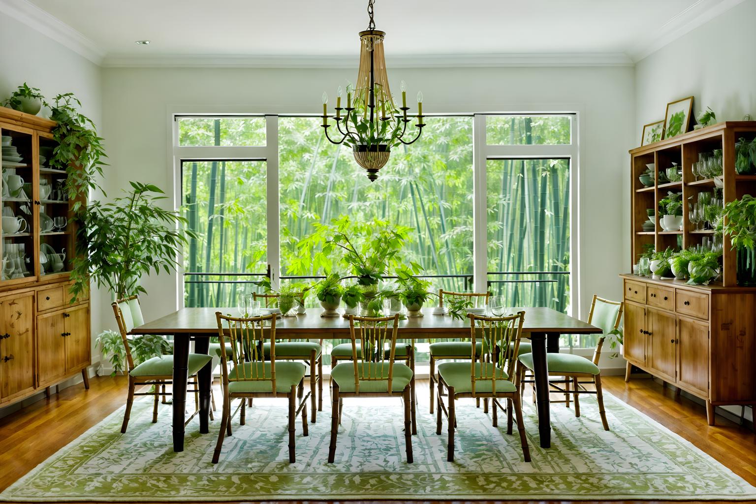 biophilic-style (dining room interior) with light or chandelier and vase and table cloth and bookshelves and plant and dining table chairs and plates, cutlery and glasses on dining table and painting or photo on wall. . with images of animals and features of the natural world and calming style and fresh air and plants and natural environment and natural elements and bamboo materials. . cinematic photo, highly detailed, cinematic lighting, ultra-detailed, ultrarealistic, photorealism, 8k. biophilic interior design style. masterpiece, cinematic light, ultrarealistic+, photorealistic+, 8k, raw photo, realistic, sharp focus on eyes, (symmetrical eyes), (intact eyes), hyperrealistic, highest quality, best quality, , highly detailed, masterpiece, best quality, extremely detailed 8k wallpaper, masterpiece, best quality, ultra-detailed, best shadow, detailed background, detailed face, detailed eyes, high contrast, best illumination, detailed face, dulux, caustic, dynamic angle, detailed glow. dramatic lighting. highly detailed, insanely detailed hair, symmetrical, intricate details, professionally retouched, 8k high definition. strong bokeh. award winning photo.