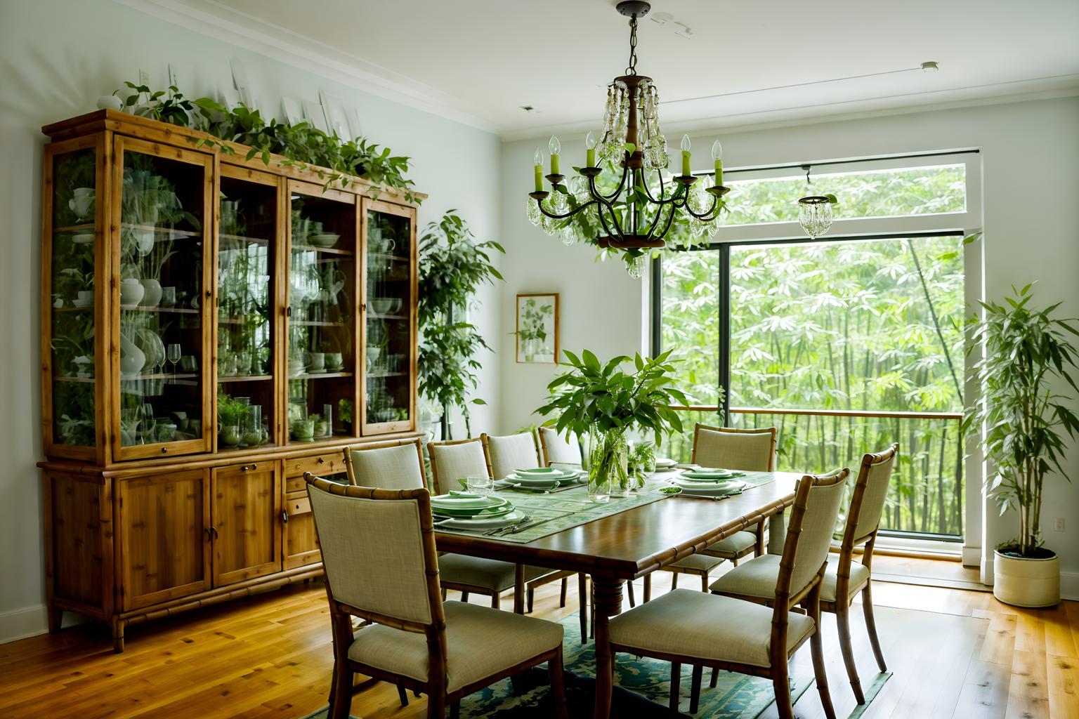 biophilic-style (dining room interior) with light or chandelier and vase and table cloth and bookshelves and plant and dining table chairs and plates, cutlery and glasses on dining table and painting or photo on wall. . with images of animals and features of the natural world and calming style and fresh air and plants and natural environment and natural elements and bamboo materials. . cinematic photo, highly detailed, cinematic lighting, ultra-detailed, ultrarealistic, photorealism, 8k. biophilic interior design style. masterpiece, cinematic light, ultrarealistic+, photorealistic+, 8k, raw photo, realistic, sharp focus on eyes, (symmetrical eyes), (intact eyes), hyperrealistic, highest quality, best quality, , highly detailed, masterpiece, best quality, extremely detailed 8k wallpaper, masterpiece, best quality, ultra-detailed, best shadow, detailed background, detailed face, detailed eyes, high contrast, best illumination, detailed face, dulux, caustic, dynamic angle, detailed glow. dramatic lighting. highly detailed, insanely detailed hair, symmetrical, intricate details, professionally retouched, 8k high definition. strong bokeh. award winning photo.