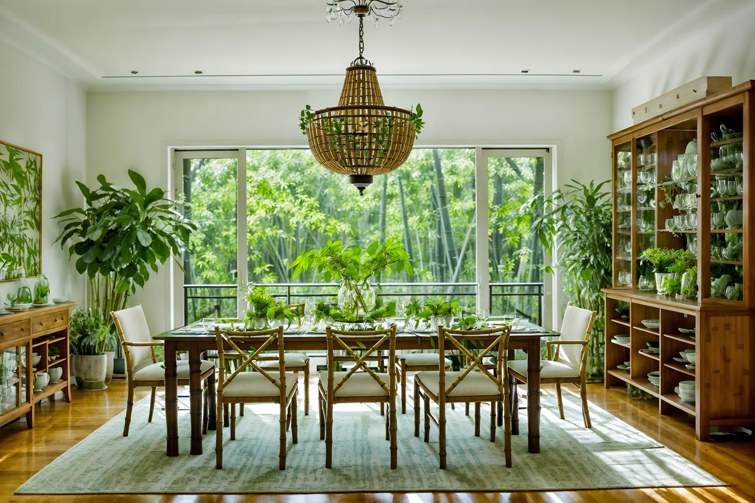 biophilic-style (dining room interior) with light or chandelier and vase and table cloth and bookshelves and plant and dining table chairs and plates, cutlery and glasses on dining table and painting or photo on wall. . with images of animals and features of the natural world and calming style and fresh air and plants and natural environment and natural elements and bamboo materials. . cinematic photo, highly detailed, cinematic lighting, ultra-detailed, ultrarealistic, photorealism, 8k. biophilic interior design style. masterpiece, cinematic light, ultrarealistic+, photorealistic+, 8k, raw photo, realistic, sharp focus on eyes, (symmetrical eyes), (intact eyes), hyperrealistic, highest quality, best quality, , highly detailed, masterpiece, best quality, extremely detailed 8k wallpaper, masterpiece, best quality, ultra-detailed, best shadow, detailed background, detailed face, detailed eyes, high contrast, best illumination, detailed face, dulux, caustic, dynamic angle, detailed glow. dramatic lighting. highly detailed, insanely detailed hair, symmetrical, intricate details, professionally retouched, 8k high definition. strong bokeh. award winning photo.