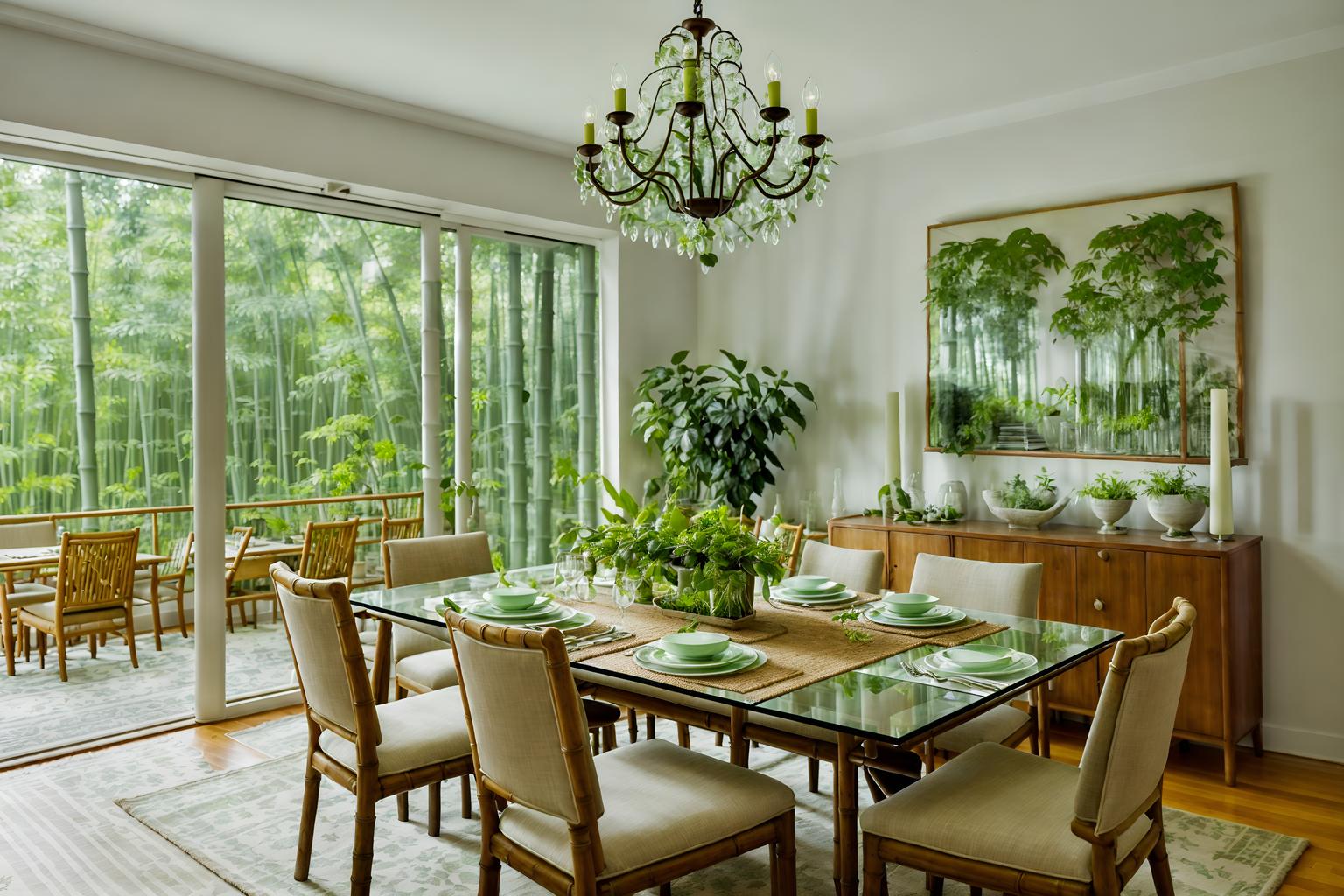 biophilic-style (dining room interior) with light or chandelier and vase and table cloth and bookshelves and plant and dining table chairs and plates, cutlery and glasses on dining table and painting or photo on wall. . with images of animals and features of the natural world and calming style and fresh air and plants and natural environment and natural elements and bamboo materials. . cinematic photo, highly detailed, cinematic lighting, ultra-detailed, ultrarealistic, photorealism, 8k. biophilic interior design style. masterpiece, cinematic light, ultrarealistic+, photorealistic+, 8k, raw photo, realistic, sharp focus on eyes, (symmetrical eyes), (intact eyes), hyperrealistic, highest quality, best quality, , highly detailed, masterpiece, best quality, extremely detailed 8k wallpaper, masterpiece, best quality, ultra-detailed, best shadow, detailed background, detailed face, detailed eyes, high contrast, best illumination, detailed face, dulux, caustic, dynamic angle, detailed glow. dramatic lighting. highly detailed, insanely detailed hair, symmetrical, intricate details, professionally retouched, 8k high definition. strong bokeh. award winning photo.