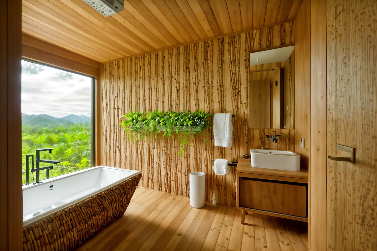 biophilic-style (hotel bathroom interior) with plant and waste basket and bathtub and bathroom cabinet and mirror and bath rail and toilet seat and shower. . with natural elements and wood materials and cork materials and linen materials and sunlight and natural shapes and forms and images of animals and natural environment. . cinematic photo, highly detailed, cinematic lighting, ultra-detailed, ultrarealistic, photorealism, 8k. biophilic interior design style. masterpiece, cinematic light, ultrarealistic+, photorealistic+, 8k, raw photo, realistic, sharp focus on eyes, (symmetrical eyes), (intact eyes), hyperrealistic, highest quality, best quality, , highly detailed, masterpiece, best quality, extremely detailed 8k wallpaper, masterpiece, best quality, ultra-detailed, best shadow, detailed background, detailed face, detailed eyes, high contrast, best illumination, detailed face, dulux, caustic, dynamic angle, detailed glow. dramatic lighting. highly detailed, insanely detailed hair, symmetrical, intricate details, professionally retouched, 8k high definition. strong bokeh. award winning photo.