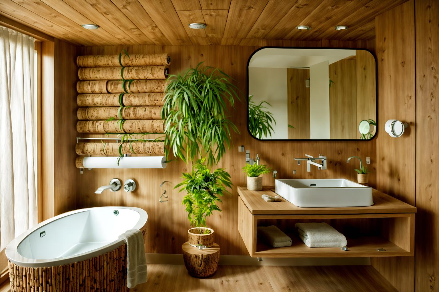 biophilic-style (hotel bathroom interior) with plant and waste basket and bathtub and bathroom cabinet and mirror and bath rail and toilet seat and shower. . with natural elements and wood materials and cork materials and linen materials and sunlight and natural shapes and forms and images of animals and natural environment. . cinematic photo, highly detailed, cinematic lighting, ultra-detailed, ultrarealistic, photorealism, 8k. biophilic interior design style. masterpiece, cinematic light, ultrarealistic+, photorealistic+, 8k, raw photo, realistic, sharp focus on eyes, (symmetrical eyes), (intact eyes), hyperrealistic, highest quality, best quality, , highly detailed, masterpiece, best quality, extremely detailed 8k wallpaper, masterpiece, best quality, ultra-detailed, best shadow, detailed background, detailed face, detailed eyes, high contrast, best illumination, detailed face, dulux, caustic, dynamic angle, detailed glow. dramatic lighting. highly detailed, insanely detailed hair, symmetrical, intricate details, professionally retouched, 8k high definition. strong bokeh. award winning photo.