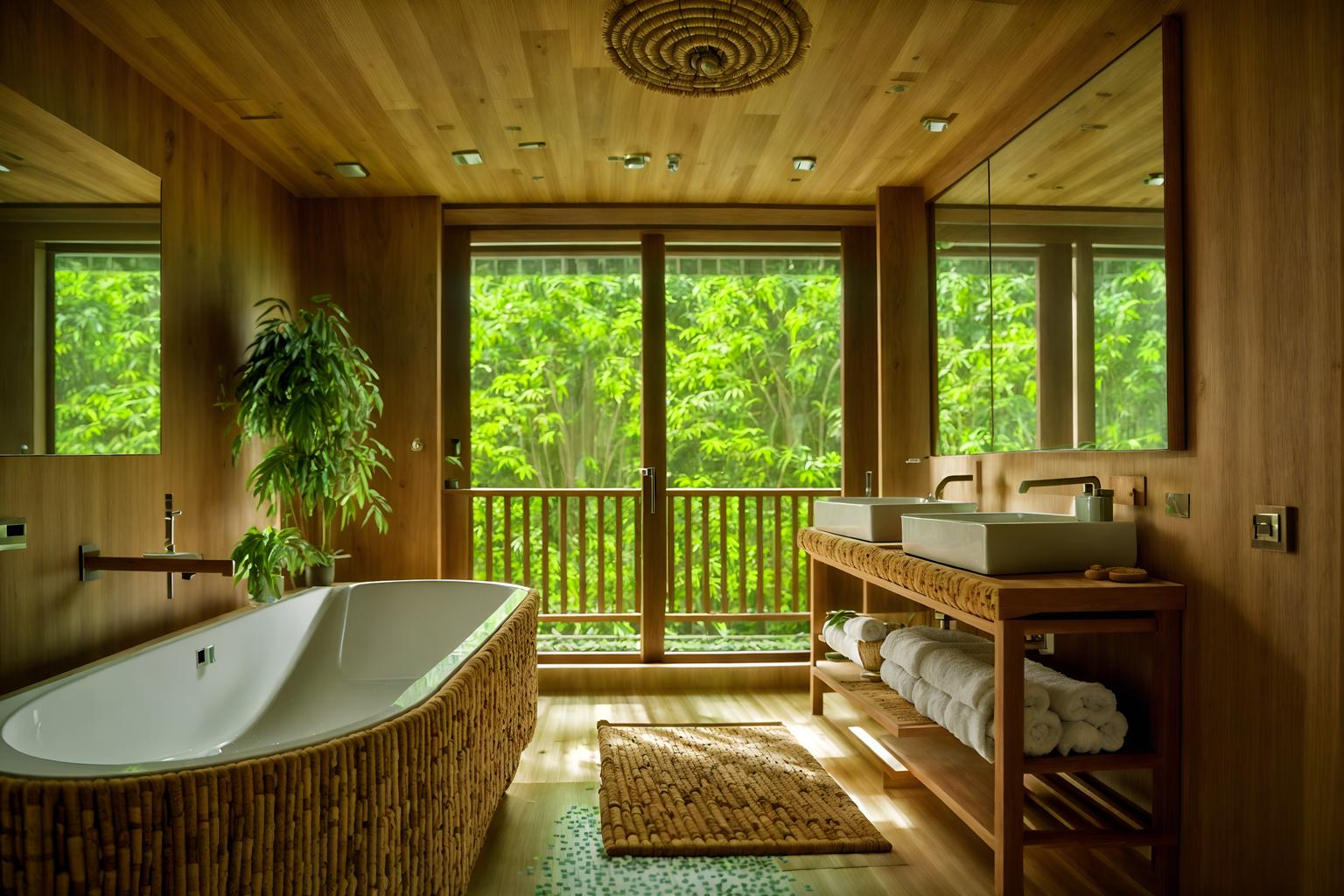 biophilic-style (hotel bathroom interior) with plant and waste basket and bathtub and bathroom cabinet and mirror and bath rail and toilet seat and shower. . with natural elements and wood materials and cork materials and linen materials and sunlight and natural shapes and forms and images of animals and natural environment. . cinematic photo, highly detailed, cinematic lighting, ultra-detailed, ultrarealistic, photorealism, 8k. biophilic interior design style. masterpiece, cinematic light, ultrarealistic+, photorealistic+, 8k, raw photo, realistic, sharp focus on eyes, (symmetrical eyes), (intact eyes), hyperrealistic, highest quality, best quality, , highly detailed, masterpiece, best quality, extremely detailed 8k wallpaper, masterpiece, best quality, ultra-detailed, best shadow, detailed background, detailed face, detailed eyes, high contrast, best illumination, detailed face, dulux, caustic, dynamic angle, detailed glow. dramatic lighting. highly detailed, insanely detailed hair, symmetrical, intricate details, professionally retouched, 8k high definition. strong bokeh. award winning photo.