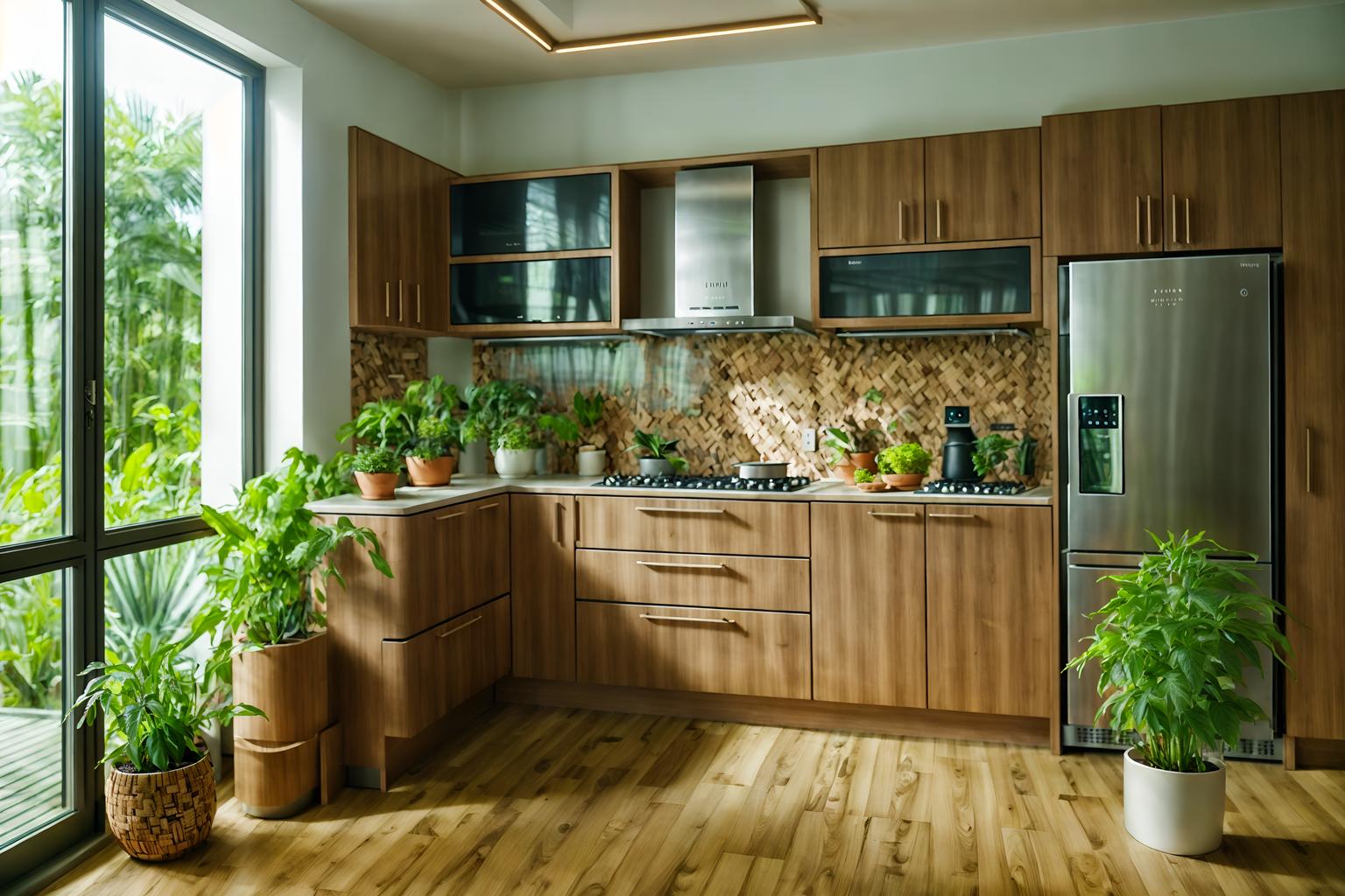 biophilic-style (kitchen interior) with plant and sink and refrigerator and worktops and stove and kitchen cabinets and plant. . with features of nature and plants and calming style and images of animals and natural shapes and forms and cork materials and natural environment and natural patterns. . cinematic photo, highly detailed, cinematic lighting, ultra-detailed, ultrarealistic, photorealism, 8k. biophilic interior design style. masterpiece, cinematic light, ultrarealistic+, photorealistic+, 8k, raw photo, realistic, sharp focus on eyes, (symmetrical eyes), (intact eyes), hyperrealistic, highest quality, best quality, , highly detailed, masterpiece, best quality, extremely detailed 8k wallpaper, masterpiece, best quality, ultra-detailed, best shadow, detailed background, detailed face, detailed eyes, high contrast, best illumination, detailed face, dulux, caustic, dynamic angle, detailed glow. dramatic lighting. highly detailed, insanely detailed hair, symmetrical, intricate details, professionally retouched, 8k high definition. strong bokeh. award winning photo.