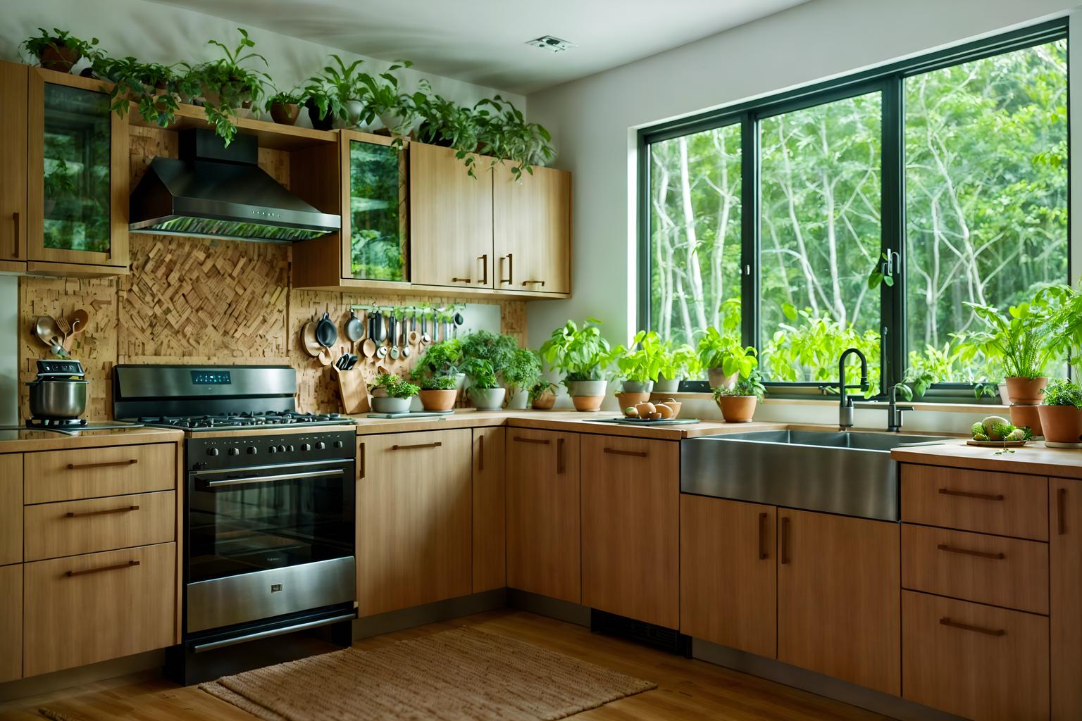 biophilic-style (kitchen interior) with plant and sink and refrigerator and worktops and stove and kitchen cabinets and plant. . with features of nature and plants and calming style and images of animals and natural shapes and forms and cork materials and natural environment and natural patterns. . cinematic photo, highly detailed, cinematic lighting, ultra-detailed, ultrarealistic, photorealism, 8k. biophilic interior design style. masterpiece, cinematic light, ultrarealistic+, photorealistic+, 8k, raw photo, realistic, sharp focus on eyes, (symmetrical eyes), (intact eyes), hyperrealistic, highest quality, best quality, , highly detailed, masterpiece, best quality, extremely detailed 8k wallpaper, masterpiece, best quality, ultra-detailed, best shadow, detailed background, detailed face, detailed eyes, high contrast, best illumination, detailed face, dulux, caustic, dynamic angle, detailed glow. dramatic lighting. highly detailed, insanely detailed hair, symmetrical, intricate details, professionally retouched, 8k high definition. strong bokeh. award winning photo.