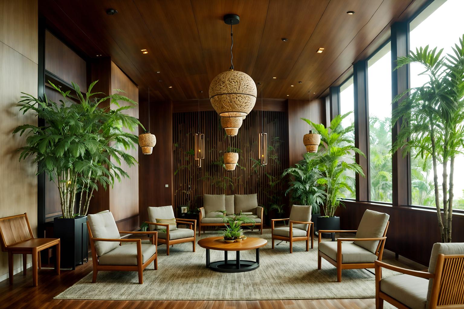 biophilic-style (hotel lobby interior) with hanging lamps and lounge chairs and sofas and furniture and coffee tables and rug and plant and check in desk. . with natural patterns and features of nature and natural shapes and forms and plants and ceramic materials and wood materials and images of nature and calming style. . cinematic photo, highly detailed, cinematic lighting, ultra-detailed, ultrarealistic, photorealism, 8k. biophilic interior design style. masterpiece, cinematic light, ultrarealistic+, photorealistic+, 8k, raw photo, realistic, sharp focus on eyes, (symmetrical eyes), (intact eyes), hyperrealistic, highest quality, best quality, , highly detailed, masterpiece, best quality, extremely detailed 8k wallpaper, masterpiece, best quality, ultra-detailed, best shadow, detailed background, detailed face, detailed eyes, high contrast, best illumination, detailed face, dulux, caustic, dynamic angle, detailed glow. dramatic lighting. highly detailed, insanely detailed hair, symmetrical, intricate details, professionally retouched, 8k high definition. strong bokeh. award winning photo.