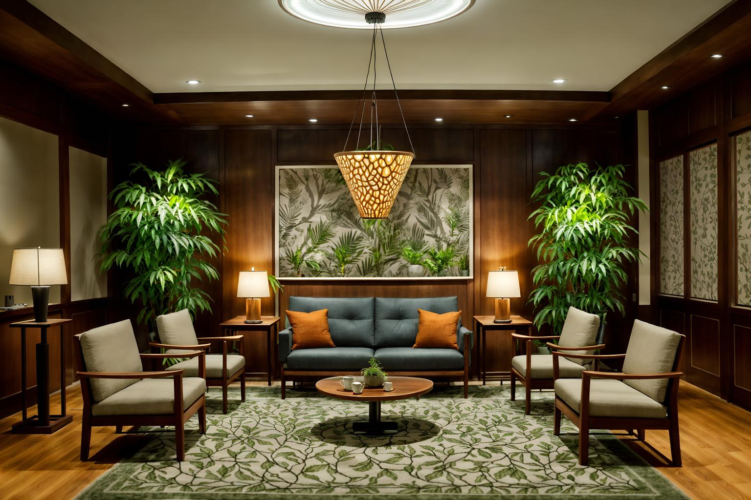 biophilic-style (hotel lobby interior) with hanging lamps and lounge chairs and sofas and furniture and coffee tables and rug and plant and check in desk. . with natural patterns and features of nature and natural shapes and forms and plants and ceramic materials and wood materials and images of nature and calming style. . cinematic photo, highly detailed, cinematic lighting, ultra-detailed, ultrarealistic, photorealism, 8k. biophilic interior design style. masterpiece, cinematic light, ultrarealistic+, photorealistic+, 8k, raw photo, realistic, sharp focus on eyes, (symmetrical eyes), (intact eyes), hyperrealistic, highest quality, best quality, , highly detailed, masterpiece, best quality, extremely detailed 8k wallpaper, masterpiece, best quality, ultra-detailed, best shadow, detailed background, detailed face, detailed eyes, high contrast, best illumination, detailed face, dulux, caustic, dynamic angle, detailed glow. dramatic lighting. highly detailed, insanely detailed hair, symmetrical, intricate details, professionally retouched, 8k high definition. strong bokeh. award winning photo.