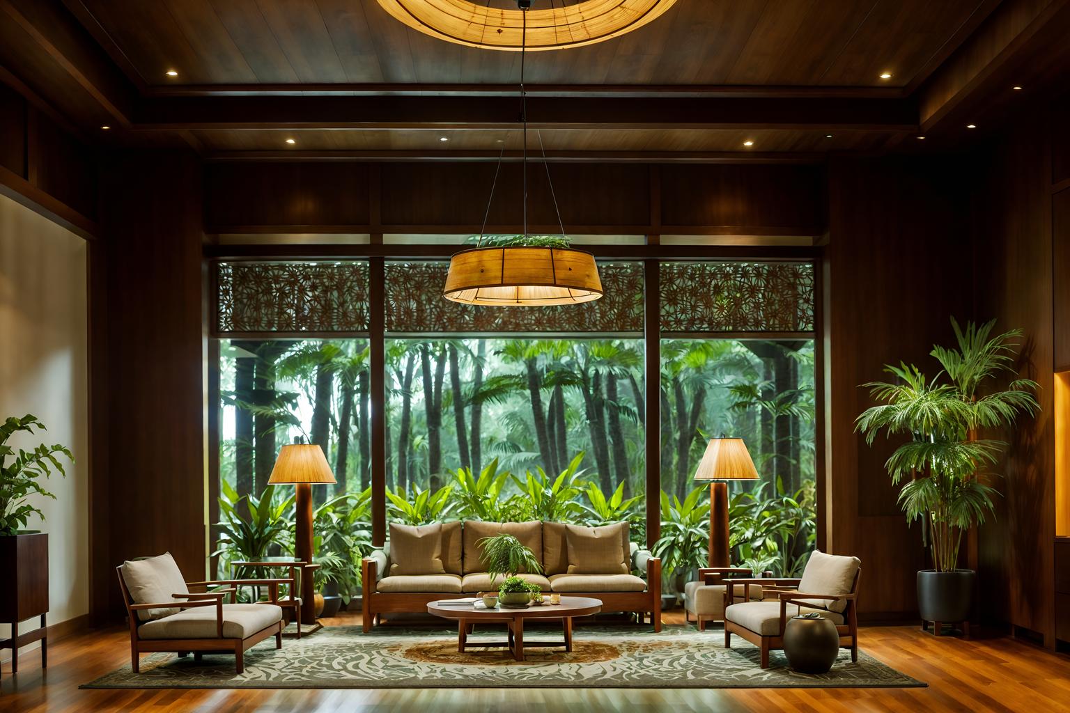 biophilic-style (hotel lobby interior) with hanging lamps and lounge chairs and sofas and furniture and coffee tables and rug and plant and check in desk. . with natural patterns and features of nature and natural shapes and forms and plants and ceramic materials and wood materials and images of nature and calming style. . cinematic photo, highly detailed, cinematic lighting, ultra-detailed, ultrarealistic, photorealism, 8k. biophilic interior design style. masterpiece, cinematic light, ultrarealistic+, photorealistic+, 8k, raw photo, realistic, sharp focus on eyes, (symmetrical eyes), (intact eyes), hyperrealistic, highest quality, best quality, , highly detailed, masterpiece, best quality, extremely detailed 8k wallpaper, masterpiece, best quality, ultra-detailed, best shadow, detailed background, detailed face, detailed eyes, high contrast, best illumination, detailed face, dulux, caustic, dynamic angle, detailed glow. dramatic lighting. highly detailed, insanely detailed hair, symmetrical, intricate details, professionally retouched, 8k high definition. strong bokeh. award winning photo.