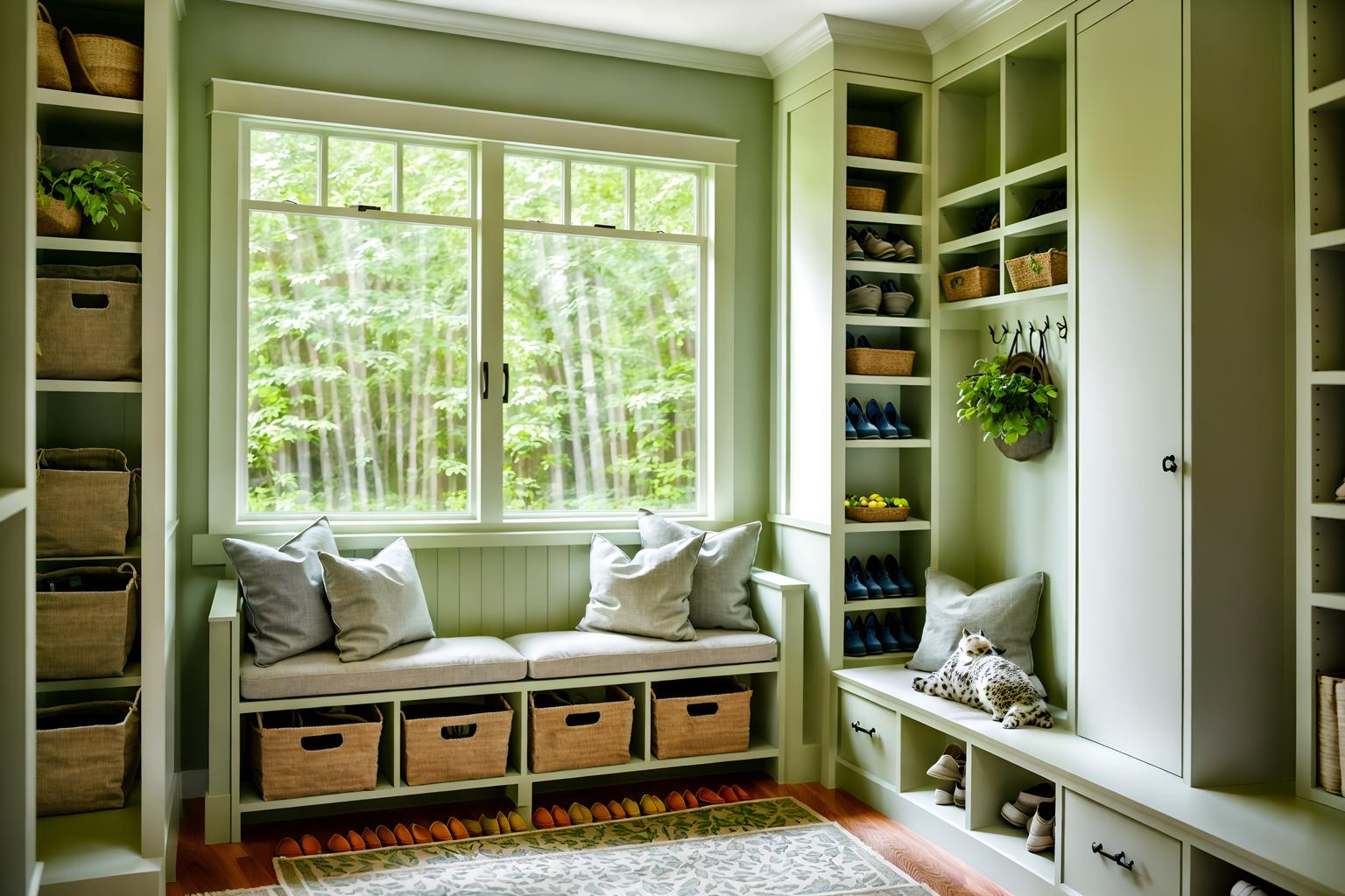 biophilic-style (mudroom interior) with cabinets and storage drawers and cubbies and shelves for shoes and high up storage and wall hooks for coats and a bench and storage baskets. . with environmental features and linen materials and images of animals and sunlight and features of the natural world and plants and calming style and natural patterns. . cinematic photo, highly detailed, cinematic lighting, ultra-detailed, ultrarealistic, photorealism, 8k. biophilic interior design style. masterpiece, cinematic light, ultrarealistic+, photorealistic+, 8k, raw photo, realistic, sharp focus on eyes, (symmetrical eyes), (intact eyes), hyperrealistic, highest quality, best quality, , highly detailed, masterpiece, best quality, extremely detailed 8k wallpaper, masterpiece, best quality, ultra-detailed, best shadow, detailed background, detailed face, detailed eyes, high contrast, best illumination, detailed face, dulux, caustic, dynamic angle, detailed glow. dramatic lighting. highly detailed, insanely detailed hair, symmetrical, intricate details, professionally retouched, 8k high definition. strong bokeh. award winning photo.