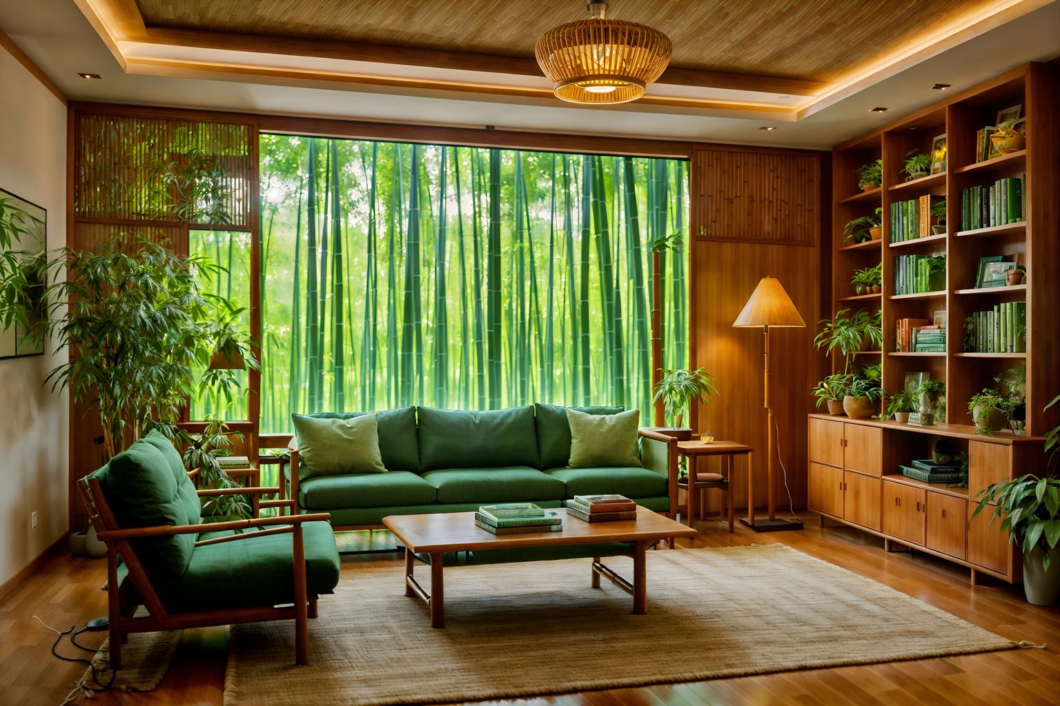 biophilic-style (living room interior) with rug and electric lamps and bookshelves and plant and chairs and sofa and furniture and occasional tables. . with environmental features and images of nature and calming style and bamboo materials and features of nature and wood materials and plants and natural shapes and forms. . cinematic photo, highly detailed, cinematic lighting, ultra-detailed, ultrarealistic, photorealism, 8k. biophilic interior design style. masterpiece, cinematic light, ultrarealistic+, photorealistic+, 8k, raw photo, realistic, sharp focus on eyes, (symmetrical eyes), (intact eyes), hyperrealistic, highest quality, best quality, , highly detailed, masterpiece, best quality, extremely detailed 8k wallpaper, masterpiece, best quality, ultra-detailed, best shadow, detailed background, detailed face, detailed eyes, high contrast, best illumination, detailed face, dulux, caustic, dynamic angle, detailed glow. dramatic lighting. highly detailed, insanely detailed hair, symmetrical, intricate details, professionally retouched, 8k high definition. strong bokeh. award winning photo.