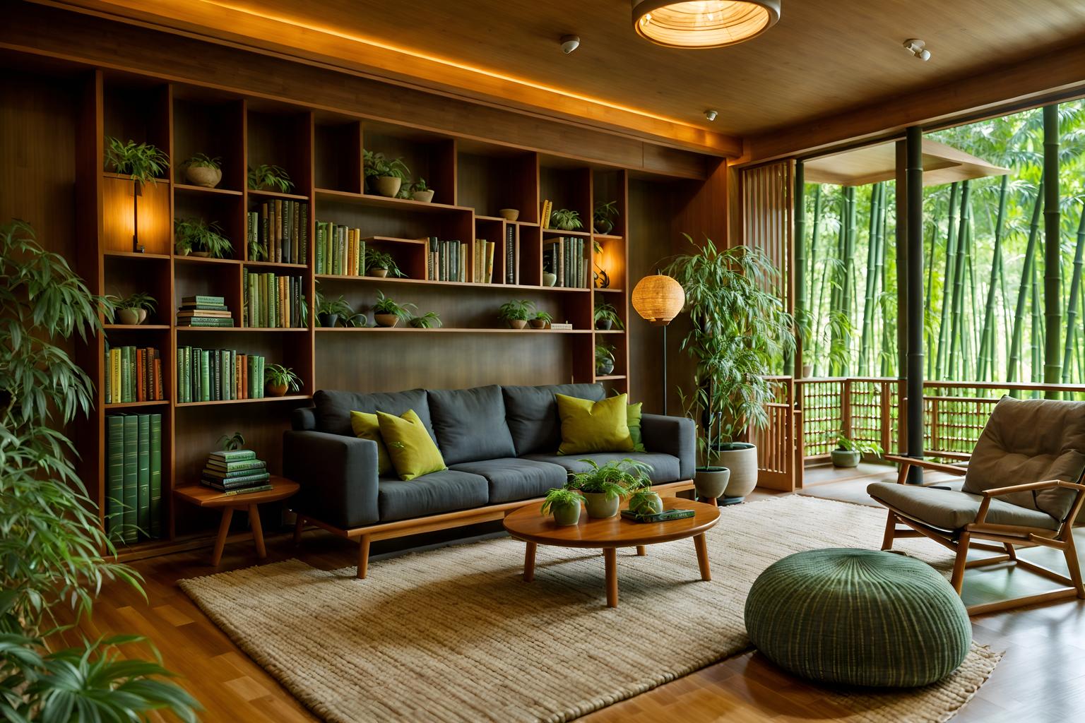 biophilic-style (living room interior) with rug and electric lamps and bookshelves and plant and chairs and sofa and furniture and occasional tables. . with environmental features and images of nature and calming style and bamboo materials and features of nature and wood materials and plants and natural shapes and forms. . cinematic photo, highly detailed, cinematic lighting, ultra-detailed, ultrarealistic, photorealism, 8k. biophilic interior design style. masterpiece, cinematic light, ultrarealistic+, photorealistic+, 8k, raw photo, realistic, sharp focus on eyes, (symmetrical eyes), (intact eyes), hyperrealistic, highest quality, best quality, , highly detailed, masterpiece, best quality, extremely detailed 8k wallpaper, masterpiece, best quality, ultra-detailed, best shadow, detailed background, detailed face, detailed eyes, high contrast, best illumination, detailed face, dulux, caustic, dynamic angle, detailed glow. dramatic lighting. highly detailed, insanely detailed hair, symmetrical, intricate details, professionally retouched, 8k high definition. strong bokeh. award winning photo.