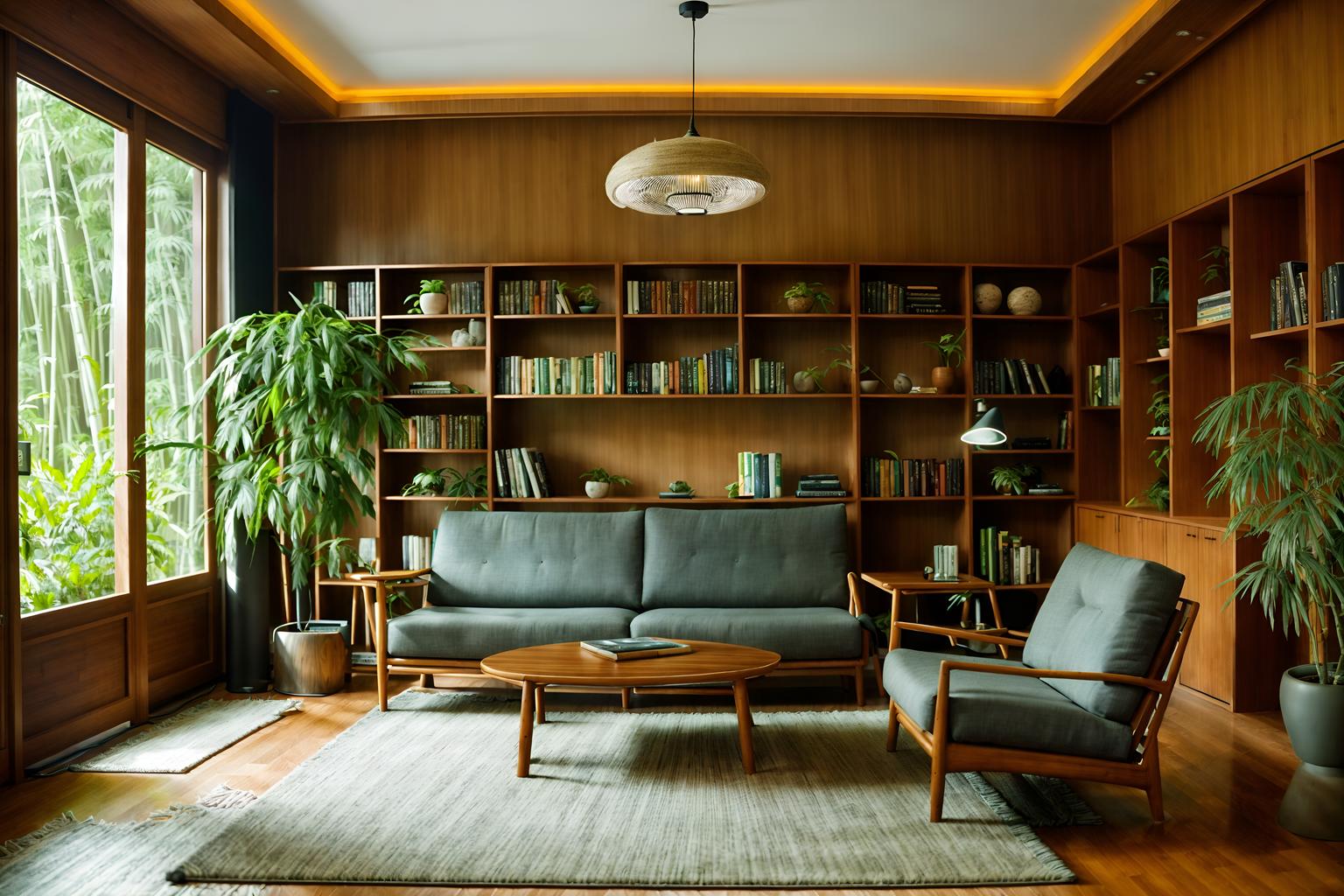 biophilic-style (living room interior) with rug and electric lamps and bookshelves and plant and chairs and sofa and furniture and occasional tables. . with environmental features and images of nature and calming style and bamboo materials and features of nature and wood materials and plants and natural shapes and forms. . cinematic photo, highly detailed, cinematic lighting, ultra-detailed, ultrarealistic, photorealism, 8k. biophilic interior design style. masterpiece, cinematic light, ultrarealistic+, photorealistic+, 8k, raw photo, realistic, sharp focus on eyes, (symmetrical eyes), (intact eyes), hyperrealistic, highest quality, best quality, , highly detailed, masterpiece, best quality, extremely detailed 8k wallpaper, masterpiece, best quality, ultra-detailed, best shadow, detailed background, detailed face, detailed eyes, high contrast, best illumination, detailed face, dulux, caustic, dynamic angle, detailed glow. dramatic lighting. highly detailed, insanely detailed hair, symmetrical, intricate details, professionally retouched, 8k high definition. strong bokeh. award winning photo.