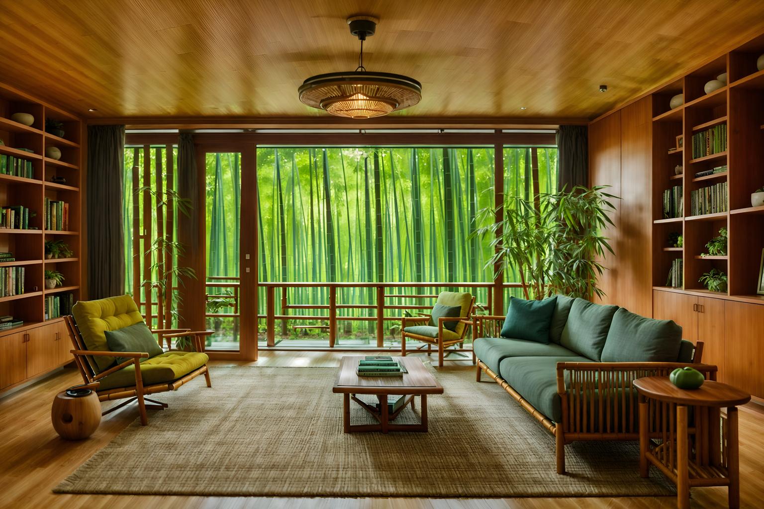 biophilic-style (living room interior) with rug and electric lamps and bookshelves and plant and chairs and sofa and furniture and occasional tables. . with environmental features and images of nature and calming style and bamboo materials and features of nature and wood materials and plants and natural shapes and forms. . cinematic photo, highly detailed, cinematic lighting, ultra-detailed, ultrarealistic, photorealism, 8k. biophilic interior design style. masterpiece, cinematic light, ultrarealistic+, photorealistic+, 8k, raw photo, realistic, sharp focus on eyes, (symmetrical eyes), (intact eyes), hyperrealistic, highest quality, best quality, , highly detailed, masterpiece, best quality, extremely detailed 8k wallpaper, masterpiece, best quality, ultra-detailed, best shadow, detailed background, detailed face, detailed eyes, high contrast, best illumination, detailed face, dulux, caustic, dynamic angle, detailed glow. dramatic lighting. highly detailed, insanely detailed hair, symmetrical, intricate details, professionally retouched, 8k high definition. strong bokeh. award winning photo.