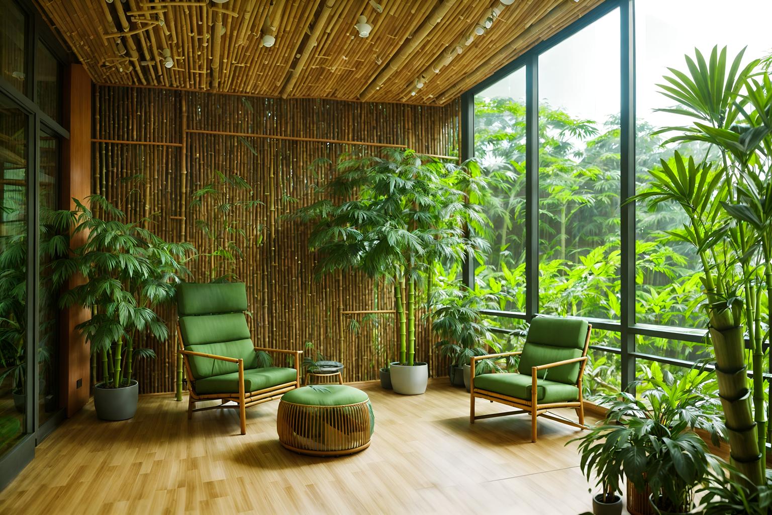 biophilic-style (coworking space interior) with lounge chairs and seating area with sofa and office chairs and office desks and lounge chairs. . with fresh air and environmental features and natural environment and bamboo materials and features of nature and natural shapes and forms and plants and sunlight. . cinematic photo, highly detailed, cinematic lighting, ultra-detailed, ultrarealistic, photorealism, 8k. biophilic interior design style. masterpiece, cinematic light, ultrarealistic+, photorealistic+, 8k, raw photo, realistic, sharp focus on eyes, (symmetrical eyes), (intact eyes), hyperrealistic, highest quality, best quality, , highly detailed, masterpiece, best quality, extremely detailed 8k wallpaper, masterpiece, best quality, ultra-detailed, best shadow, detailed background, detailed face, detailed eyes, high contrast, best illumination, detailed face, dulux, caustic, dynamic angle, detailed glow. dramatic lighting. highly detailed, insanely detailed hair, symmetrical, intricate details, professionally retouched, 8k high definition. strong bokeh. award winning photo.