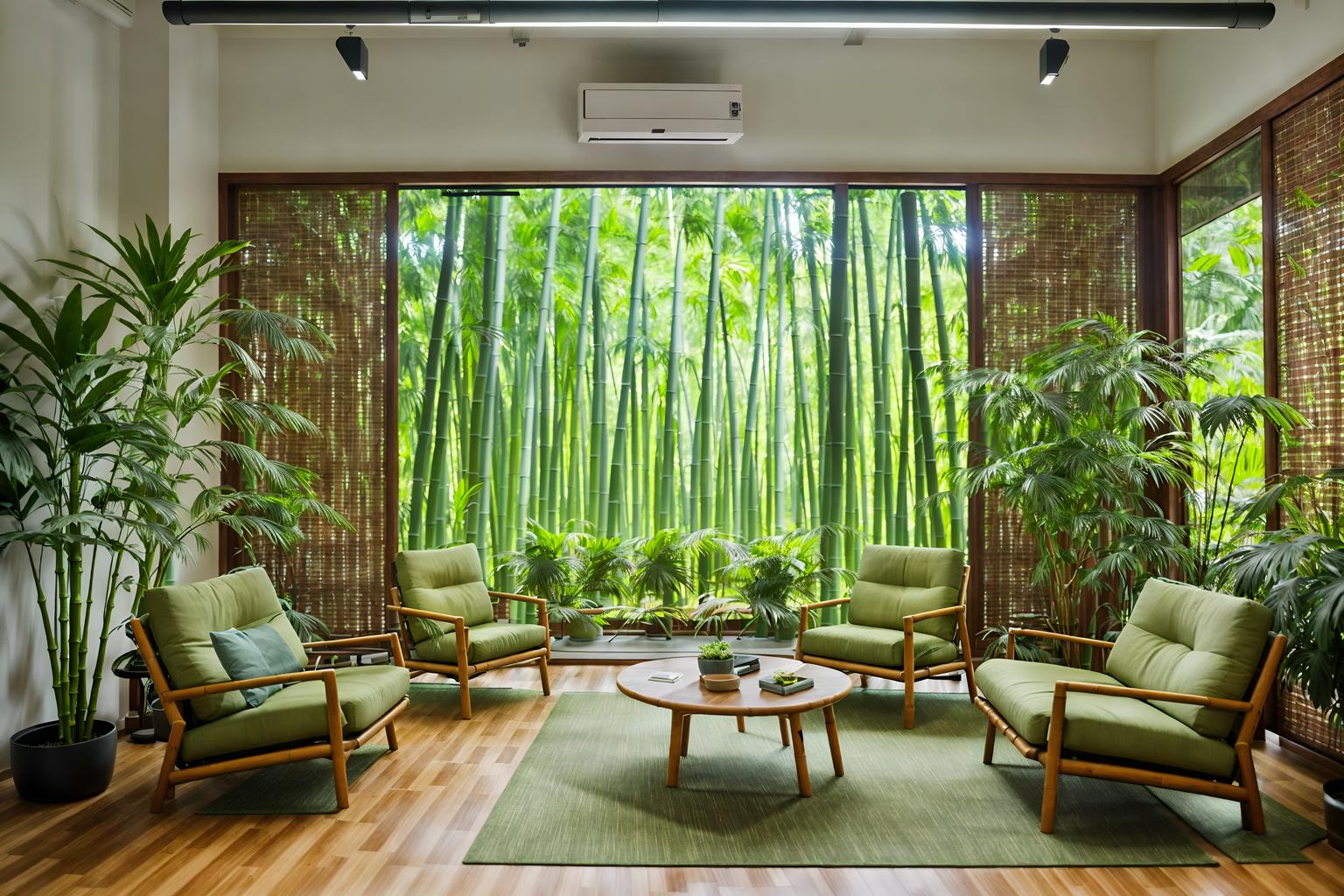 biophilic-style (coworking space interior) with lounge chairs and seating area with sofa and office chairs and office desks and lounge chairs. . with fresh air and environmental features and natural environment and bamboo materials and features of nature and natural shapes and forms and plants and sunlight. . cinematic photo, highly detailed, cinematic lighting, ultra-detailed, ultrarealistic, photorealism, 8k. biophilic interior design style. masterpiece, cinematic light, ultrarealistic+, photorealistic+, 8k, raw photo, realistic, sharp focus on eyes, (symmetrical eyes), (intact eyes), hyperrealistic, highest quality, best quality, , highly detailed, masterpiece, best quality, extremely detailed 8k wallpaper, masterpiece, best quality, ultra-detailed, best shadow, detailed background, detailed face, detailed eyes, high contrast, best illumination, detailed face, dulux, caustic, dynamic angle, detailed glow. dramatic lighting. highly detailed, insanely detailed hair, symmetrical, intricate details, professionally retouched, 8k high definition. strong bokeh. award winning photo.