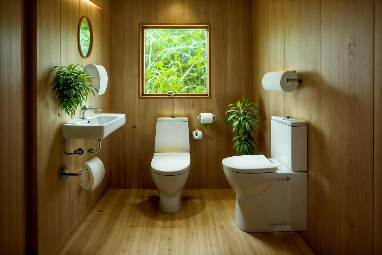 biophilic-style (toilet interior) with toilet paper hanger and sink with tap and toilet with toilet seat up and toilet paper hanger. . with natural shapes and forms and images of nature and images of animals and plants and features of the natural world and plants and calming style and wood materials. . cinematic photo, highly detailed, cinematic lighting, ultra-detailed, ultrarealistic, photorealism, 8k. biophilic interior design style. masterpiece, cinematic light, ultrarealistic+, photorealistic+, 8k, raw photo, realistic, sharp focus on eyes, (symmetrical eyes), (intact eyes), hyperrealistic, highest quality, best quality, , highly detailed, masterpiece, best quality, extremely detailed 8k wallpaper, masterpiece, best quality, ultra-detailed, best shadow, detailed background, detailed face, detailed eyes, high contrast, best illumination, detailed face, dulux, caustic, dynamic angle, detailed glow. dramatic lighting. highly detailed, insanely detailed hair, symmetrical, intricate details, professionally retouched, 8k high definition. strong bokeh. award winning photo.