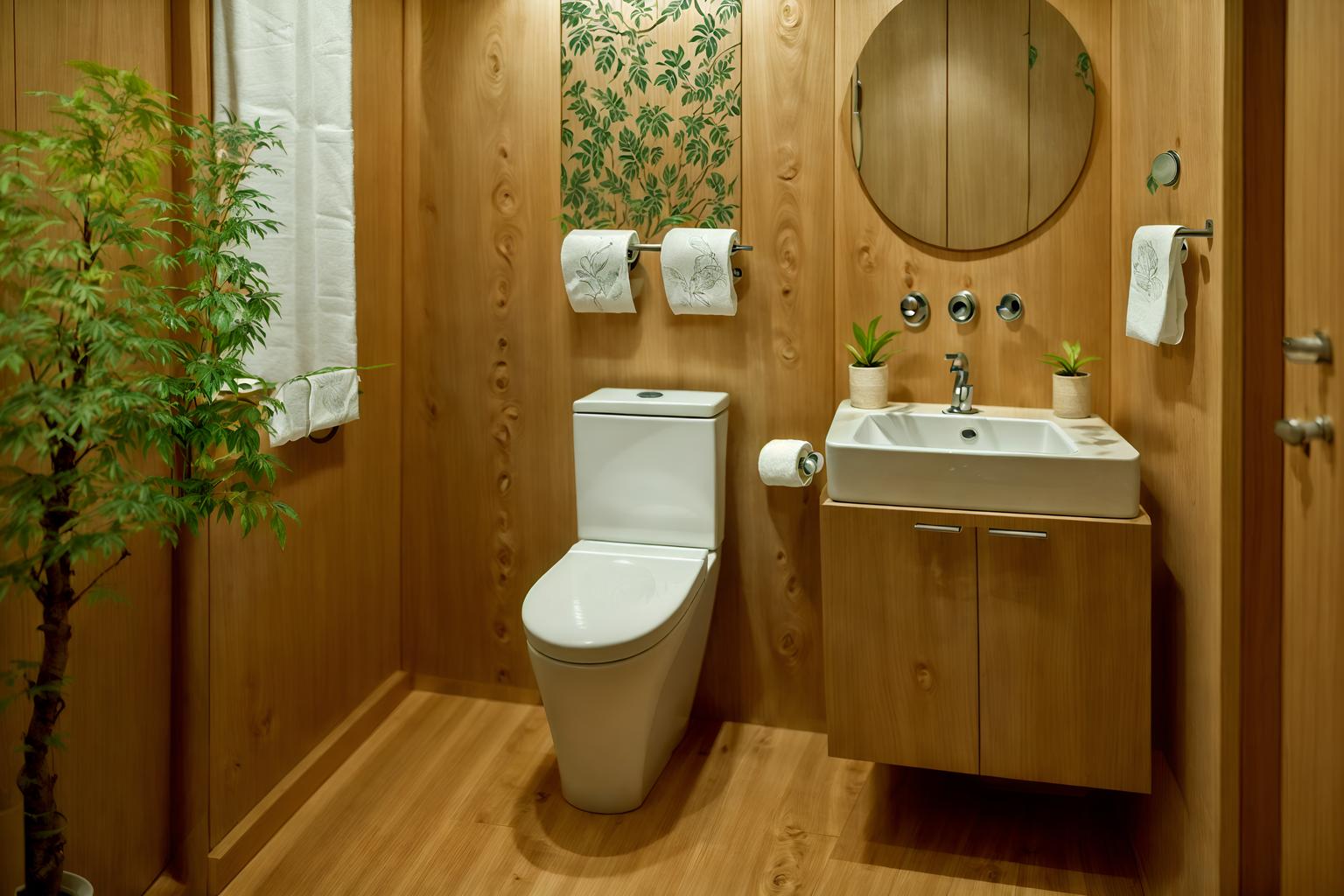 biophilic-style (toilet interior) with toilet paper hanger and sink with tap and toilet with toilet seat up and toilet paper hanger. . with natural shapes and forms and images of nature and images of animals and plants and features of the natural world and plants and calming style and wood materials. . cinematic photo, highly detailed, cinematic lighting, ultra-detailed, ultrarealistic, photorealism, 8k. biophilic interior design style. masterpiece, cinematic light, ultrarealistic+, photorealistic+, 8k, raw photo, realistic, sharp focus on eyes, (symmetrical eyes), (intact eyes), hyperrealistic, highest quality, best quality, , highly detailed, masterpiece, best quality, extremely detailed 8k wallpaper, masterpiece, best quality, ultra-detailed, best shadow, detailed background, detailed face, detailed eyes, high contrast, best illumination, detailed face, dulux, caustic, dynamic angle, detailed glow. dramatic lighting. highly detailed, insanely detailed hair, symmetrical, intricate details, professionally retouched, 8k high definition. strong bokeh. award winning photo.