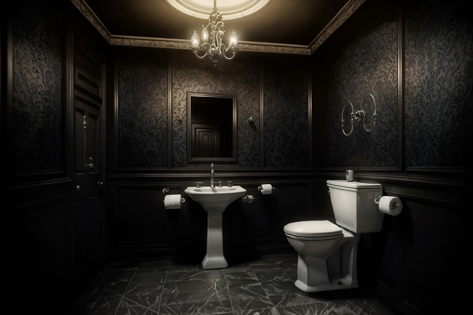 gothic-style (toilet interior) with toilet with toilet seat up and sink with tap and toilet paper hanger and toilet with toilet seat up. . . cinematic photo, highly detailed, cinematic lighting, ultra-detailed, ultrarealistic, photorealism, 8k. gothic interior design style. masterpiece, cinematic light, ultrarealistic+, photorealistic+, 8k, raw photo, realistic, sharp focus on eyes, (symmetrical eyes), (intact eyes), hyperrealistic, highest quality, best quality, , highly detailed, masterpiece, best quality, extremely detailed 8k wallpaper, masterpiece, best quality, ultra-detailed, best shadow, detailed background, detailed face, detailed eyes, high contrast, best illumination, detailed face, dulux, caustic, dynamic angle, detailed glow. dramatic lighting. highly detailed, insanely detailed hair, symmetrical, intricate details, professionally retouched, 8k high definition. strong bokeh. award winning photo.