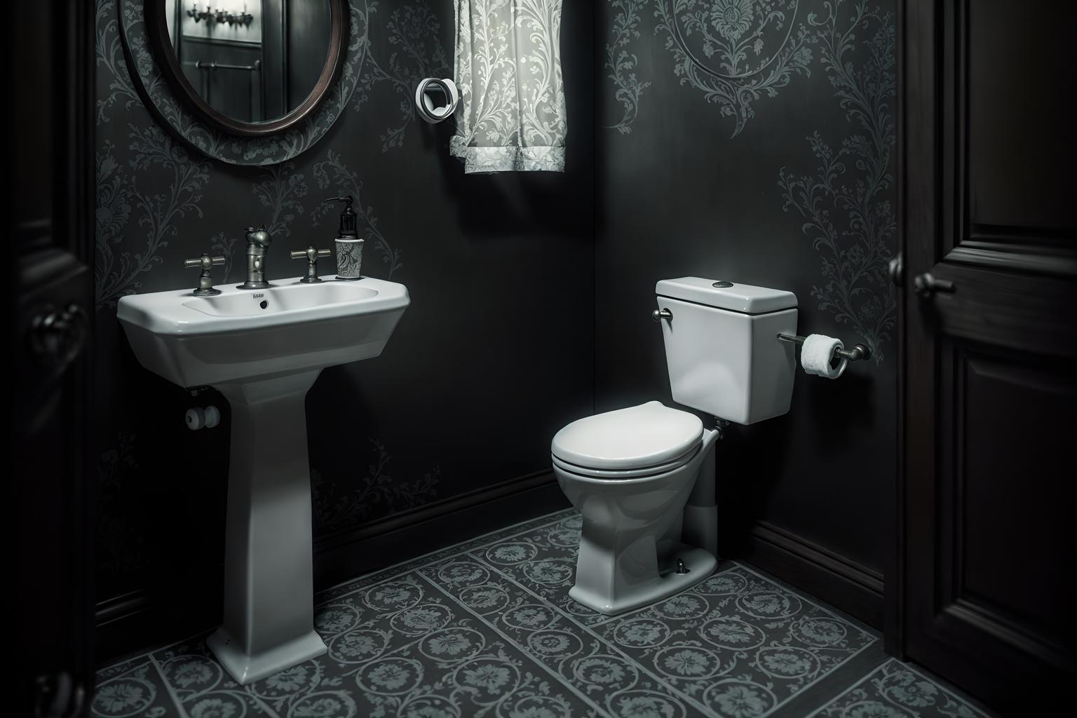 gothic-style (toilet interior) with toilet with toilet seat up and sink with tap and toilet paper hanger and toilet with toilet seat up. . . cinematic photo, highly detailed, cinematic lighting, ultra-detailed, ultrarealistic, photorealism, 8k. gothic interior design style. masterpiece, cinematic light, ultrarealistic+, photorealistic+, 8k, raw photo, realistic, sharp focus on eyes, (symmetrical eyes), (intact eyes), hyperrealistic, highest quality, best quality, , highly detailed, masterpiece, best quality, extremely detailed 8k wallpaper, masterpiece, best quality, ultra-detailed, best shadow, detailed background, detailed face, detailed eyes, high contrast, best illumination, detailed face, dulux, caustic, dynamic angle, detailed glow. dramatic lighting. highly detailed, insanely detailed hair, symmetrical, intricate details, professionally retouched, 8k high definition. strong bokeh. award winning photo.